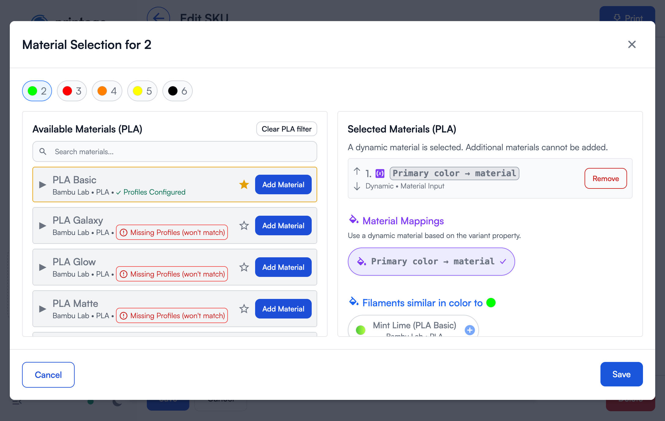 Material selection dialog showing variant property
