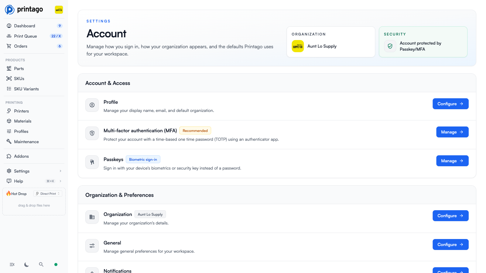 Account settings hub showing Account & Access and Organization & Preferences sections