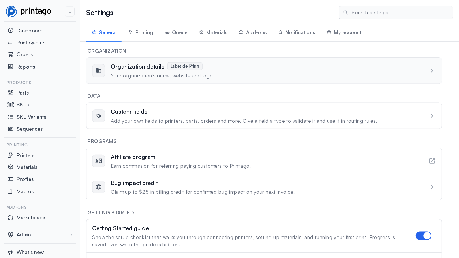 The Settings page on its General tab, with tabs for Printing, Queue, Materials, Add-ons, Notifications and My account