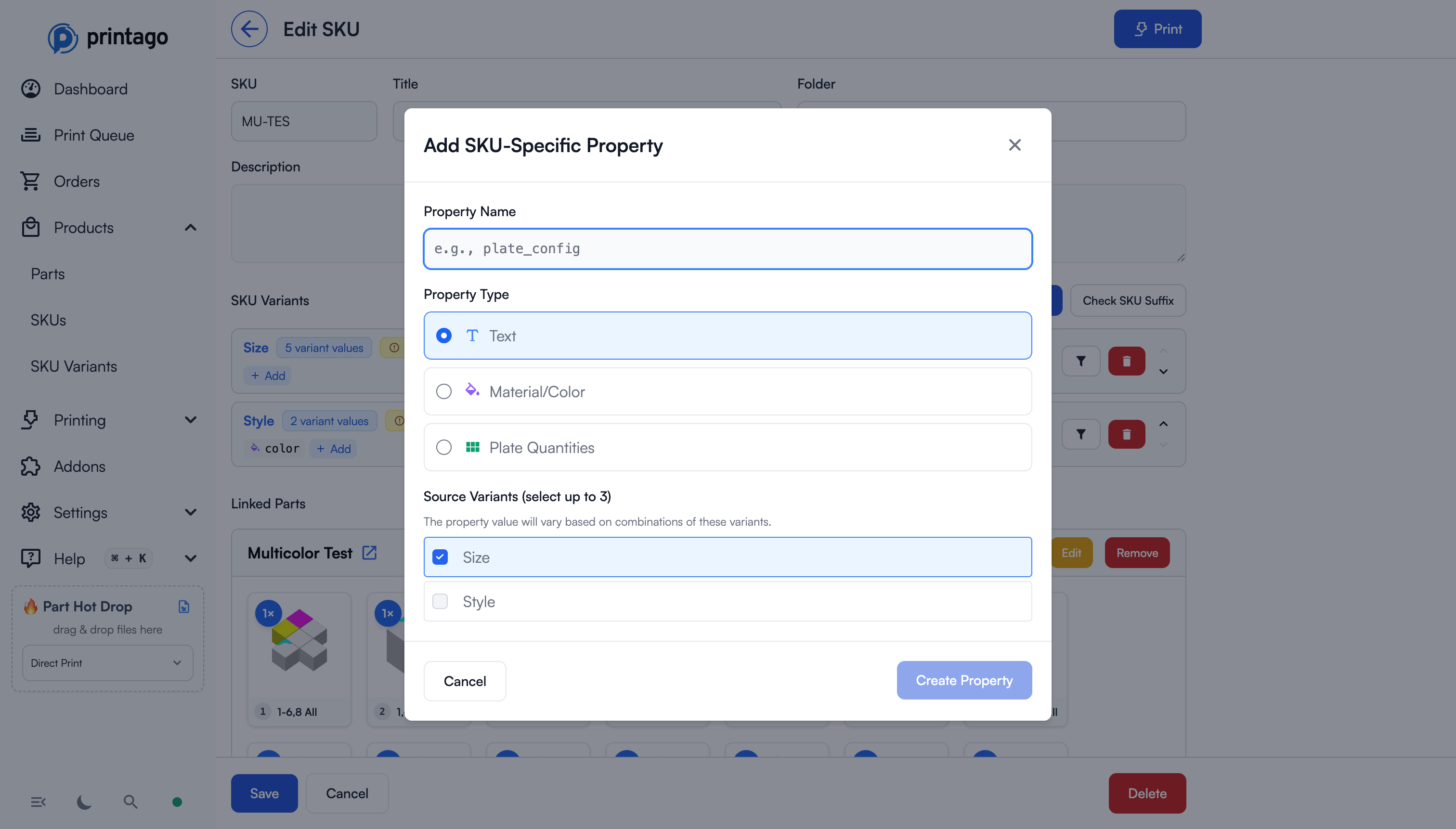 Add SKU-Specific Property dialog