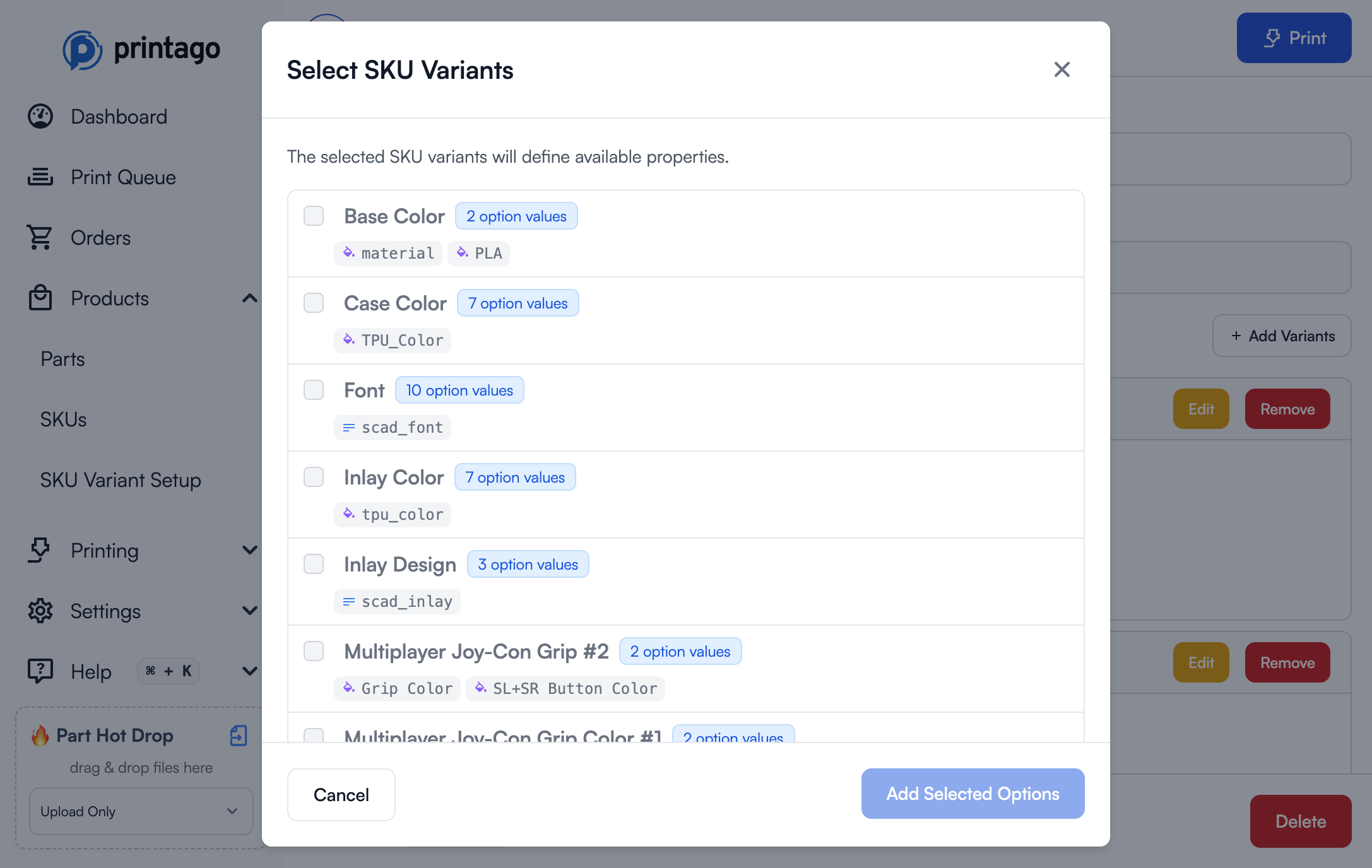 Select SKU Variants dialog