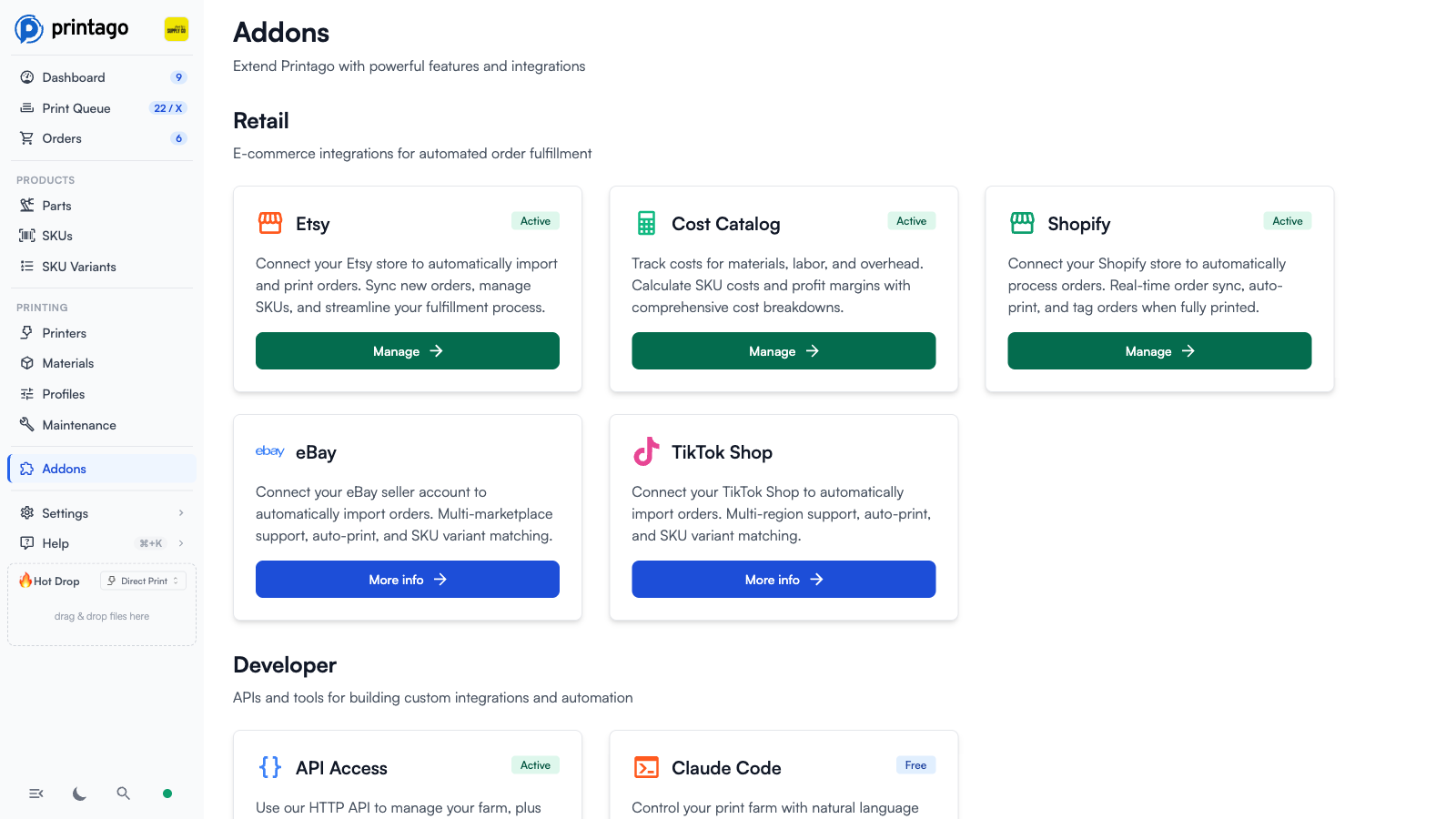 Addons page showing the Retail and Developer sections with addon cards