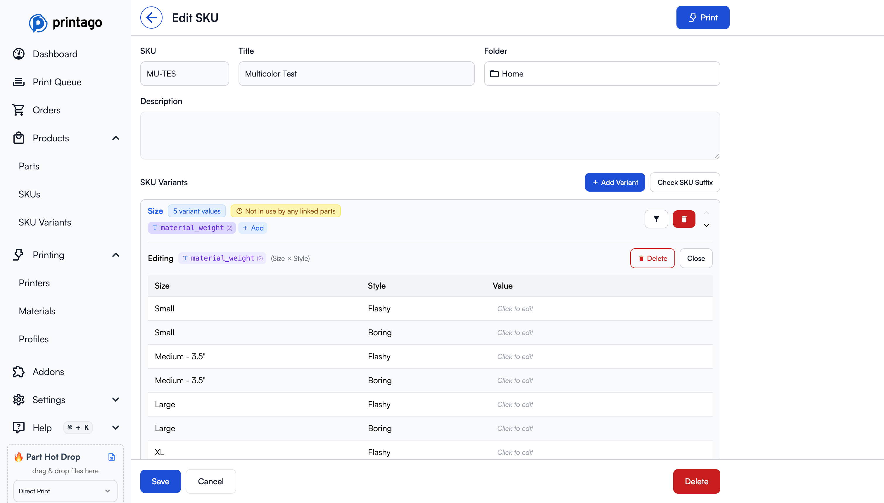 Compound property matrix editor showing Size × Style combinations