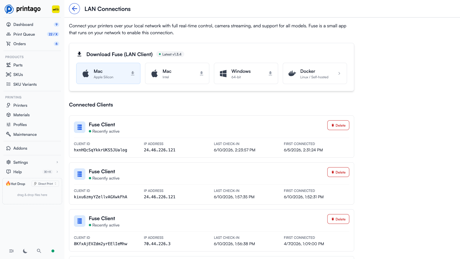 LAN Connections page with Download Fuse buttons for each platform and the Connected Clients list