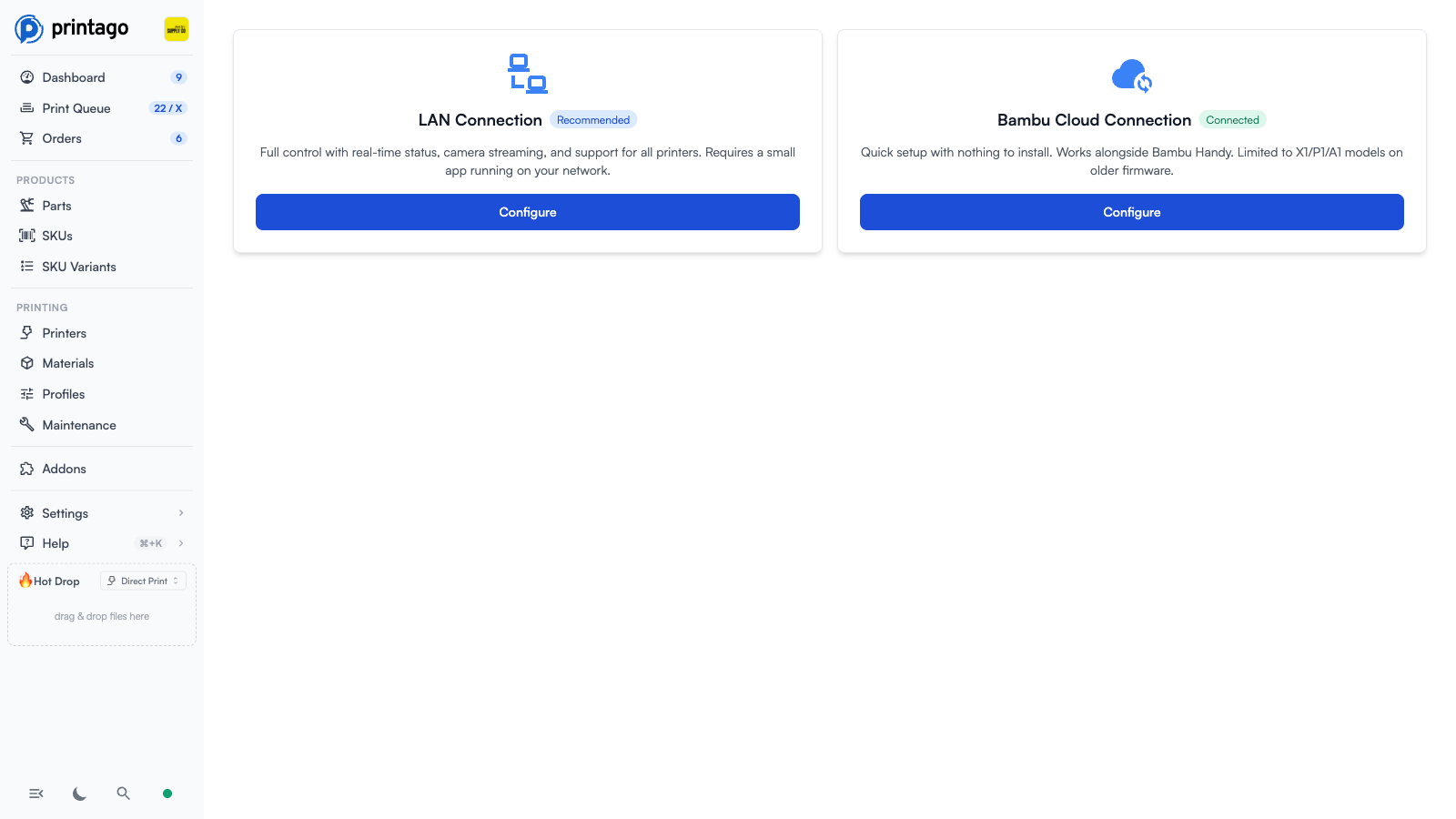 Connections page with LAN Connection (Recommended) and Bambu Cloud Connection cards