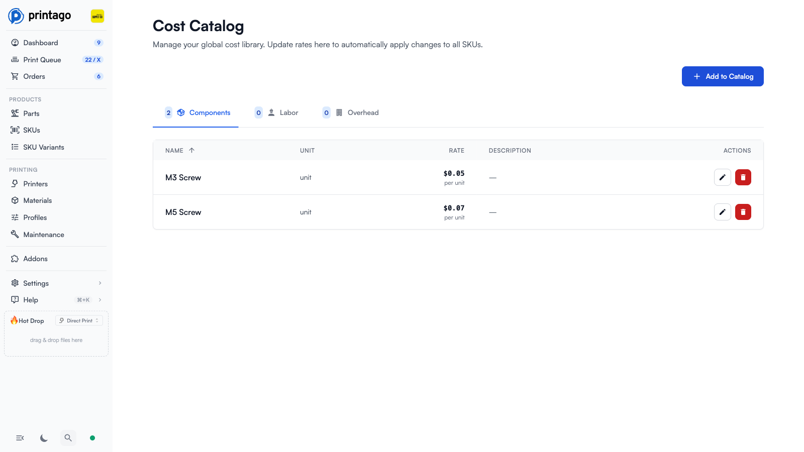Cost Catalog page with the Components, Labor, and Overhead tabs and a table of component costs