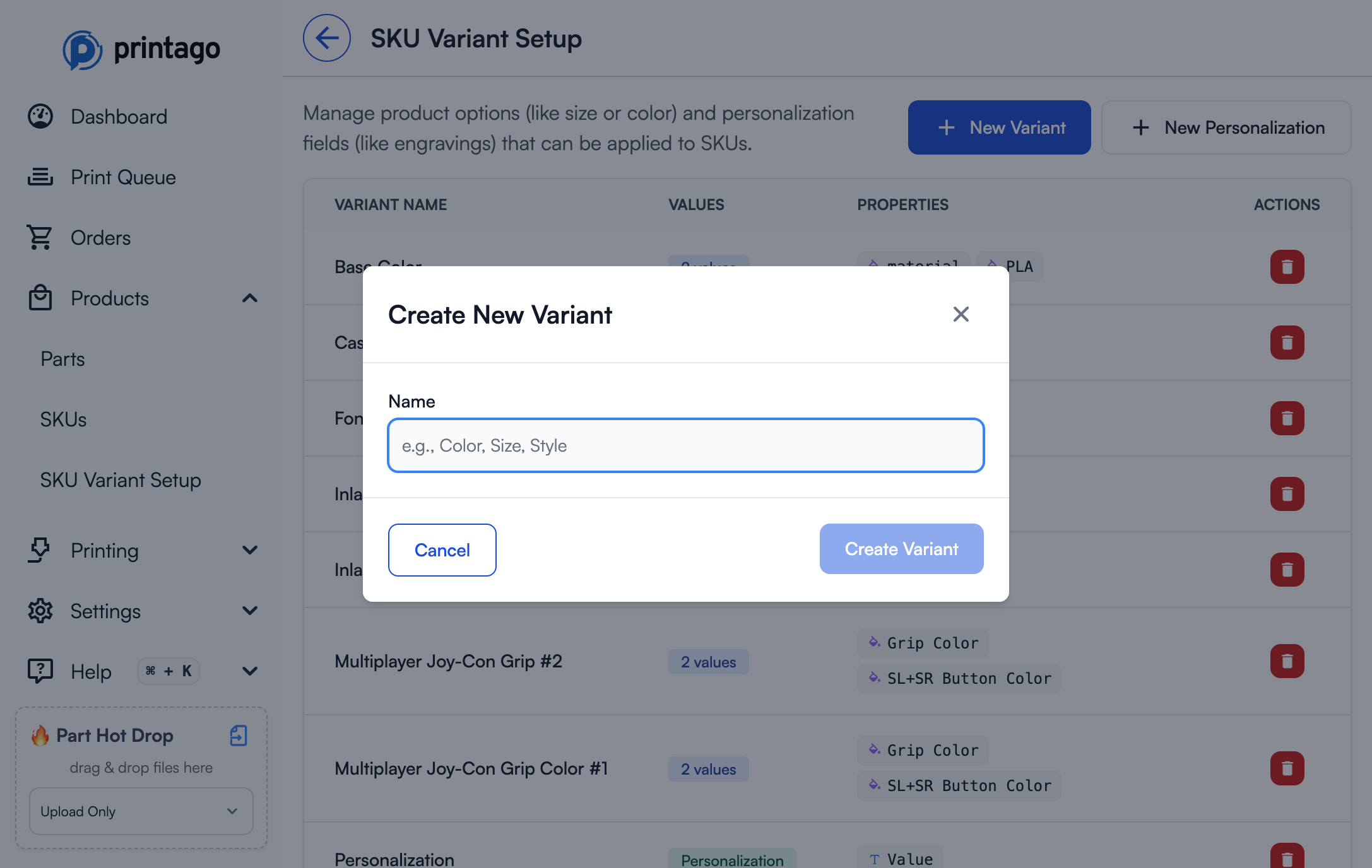 Create New Variant dialog