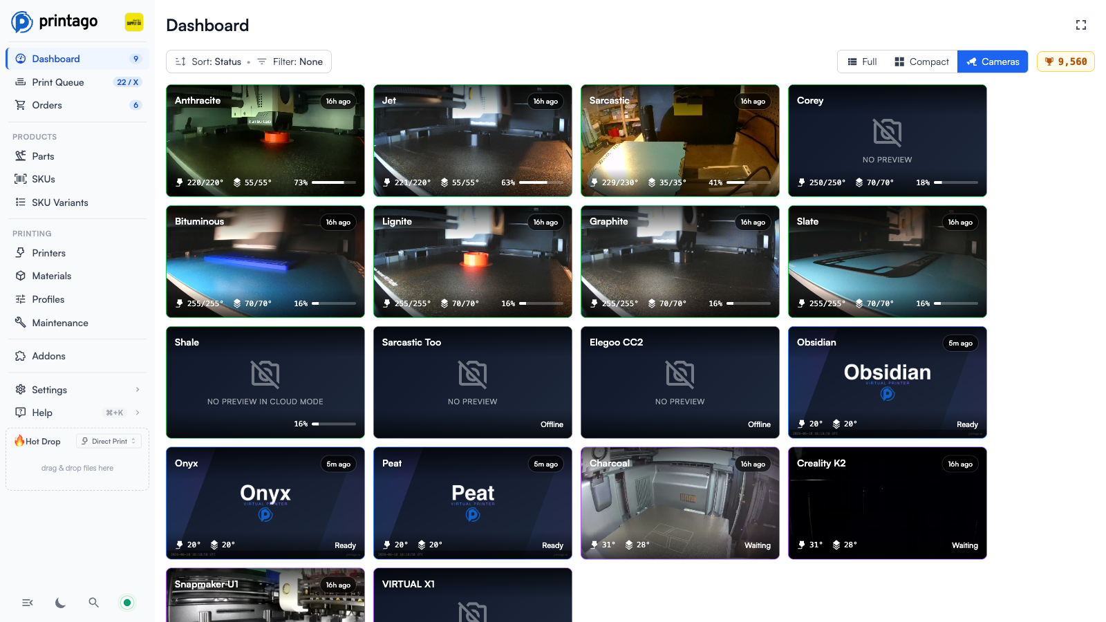 Dashboard Cameras view showing a grid of live chamber camera snapshots