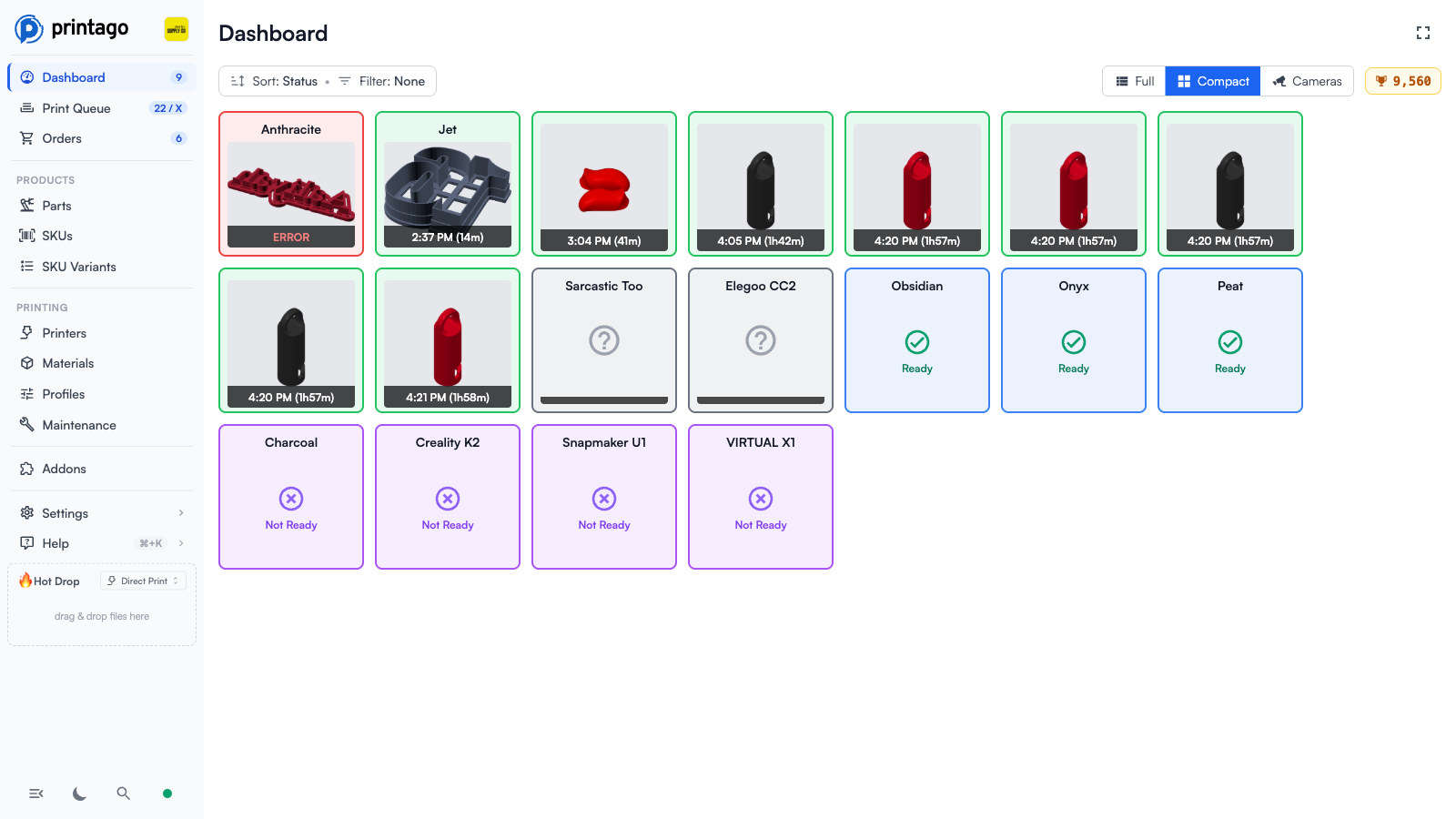 Dashboard Compact view with condensed printer tiles showing thumbnails, completion times, and ready states