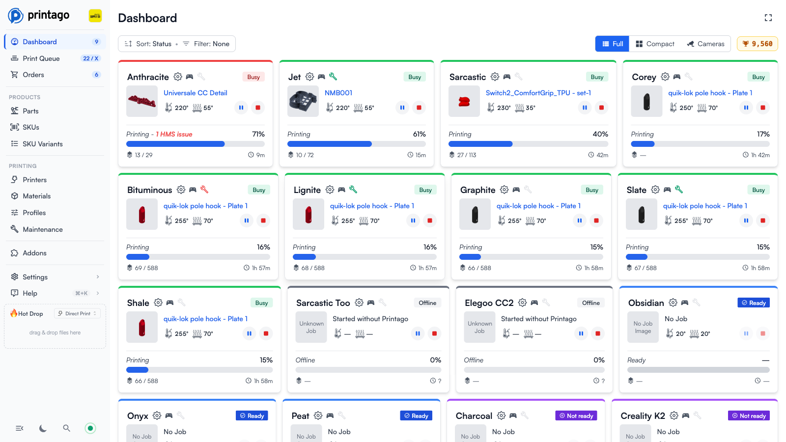 Dashboard Full view showing busy printers with thumbnails, progress bars, temperatures, and ready printers