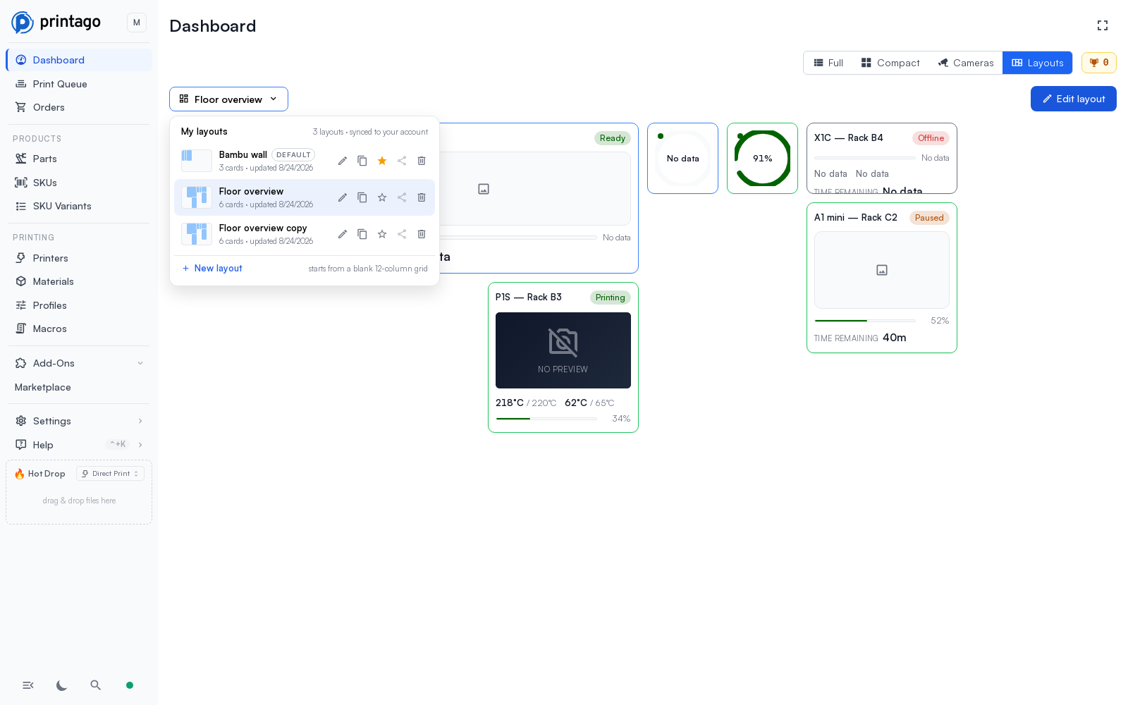 The layout switcher listing saved layouts with previews, a default marker, and row actions