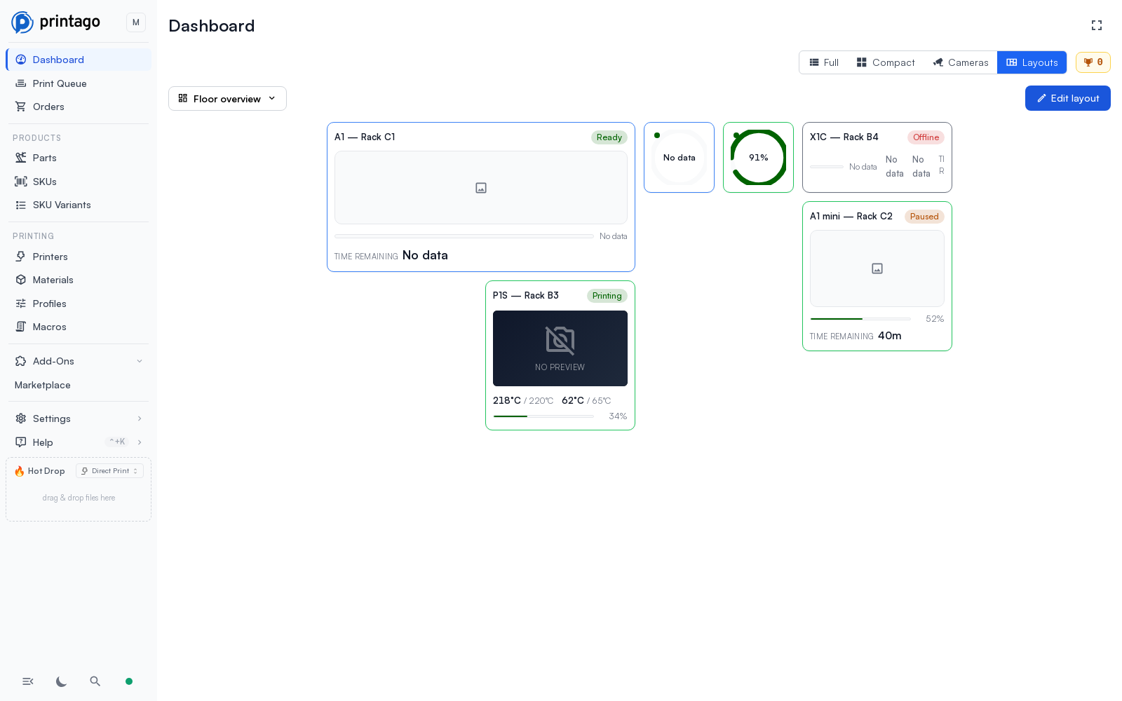 Dashboard Layouts view with a custom arrangement of printer cards at different sizes