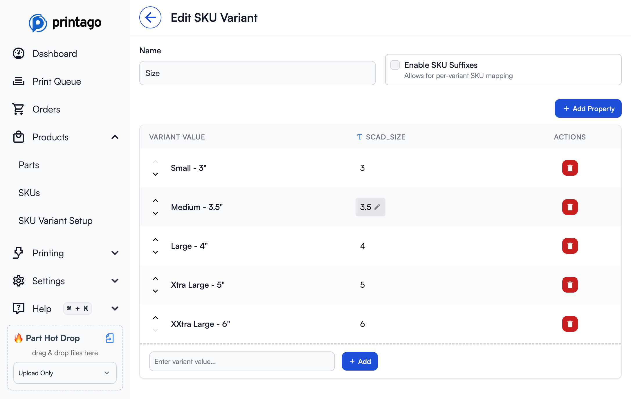Edit SKU Variant page showing variant values and properties