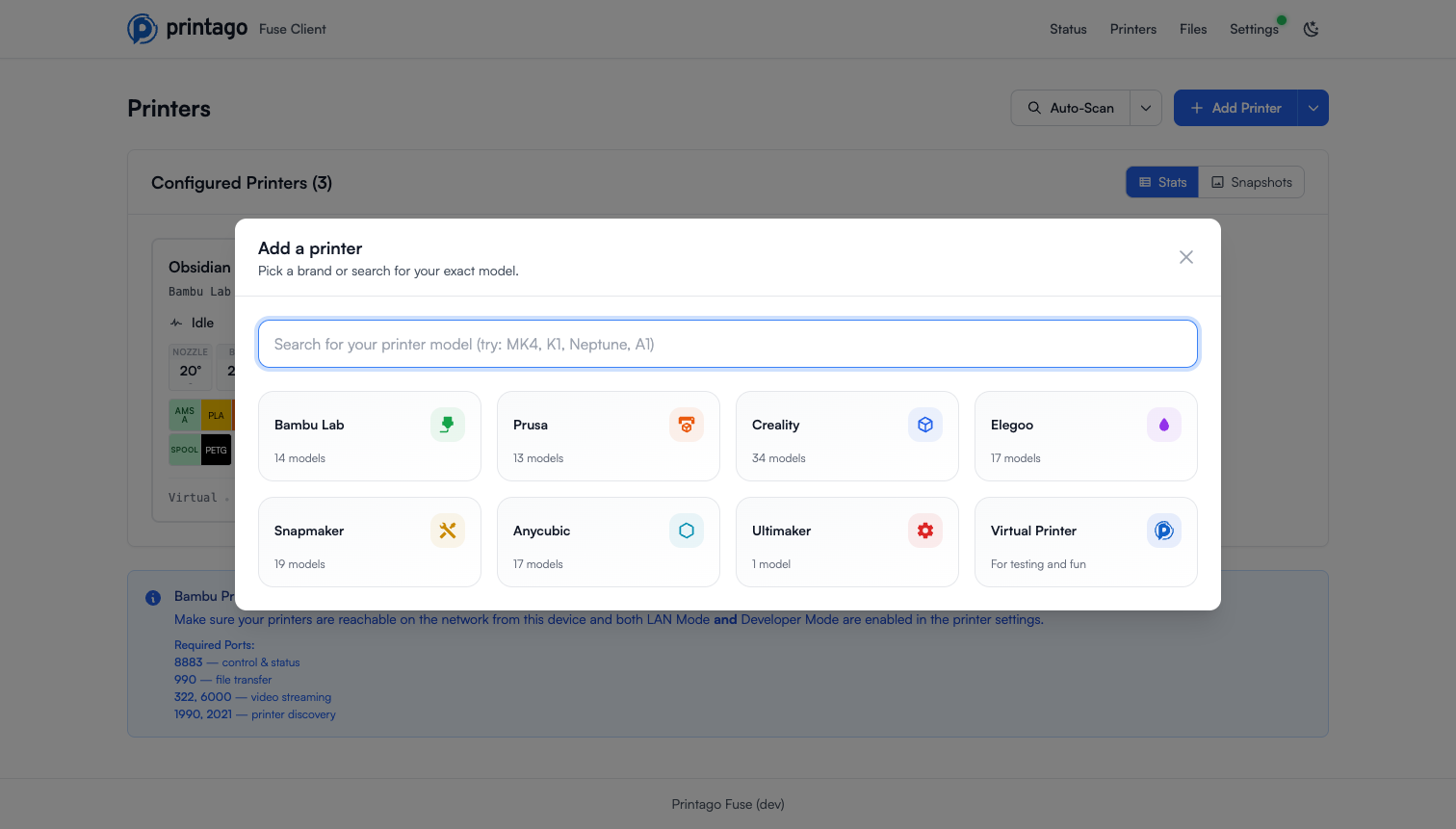 Add a printer dialog with model search box and brand tiles, including the Virtual Printer tile