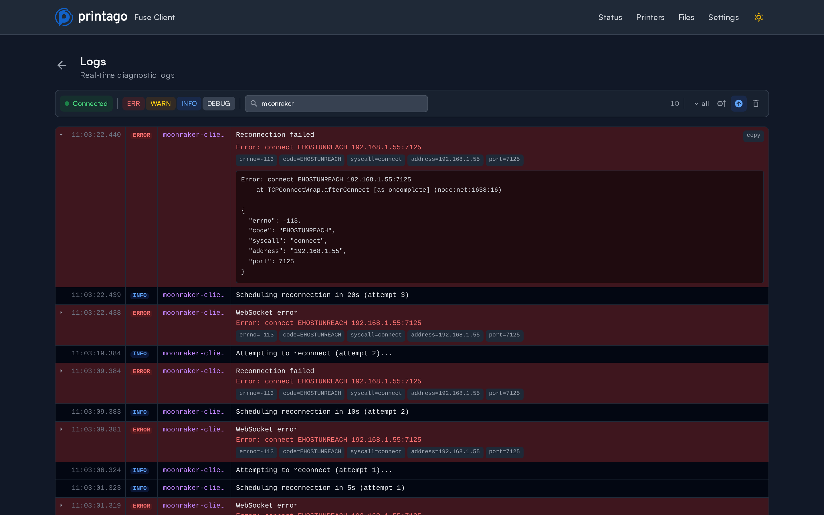 An expanded log row showing the full stack trace and the JSON payload, with the copy button in the corner