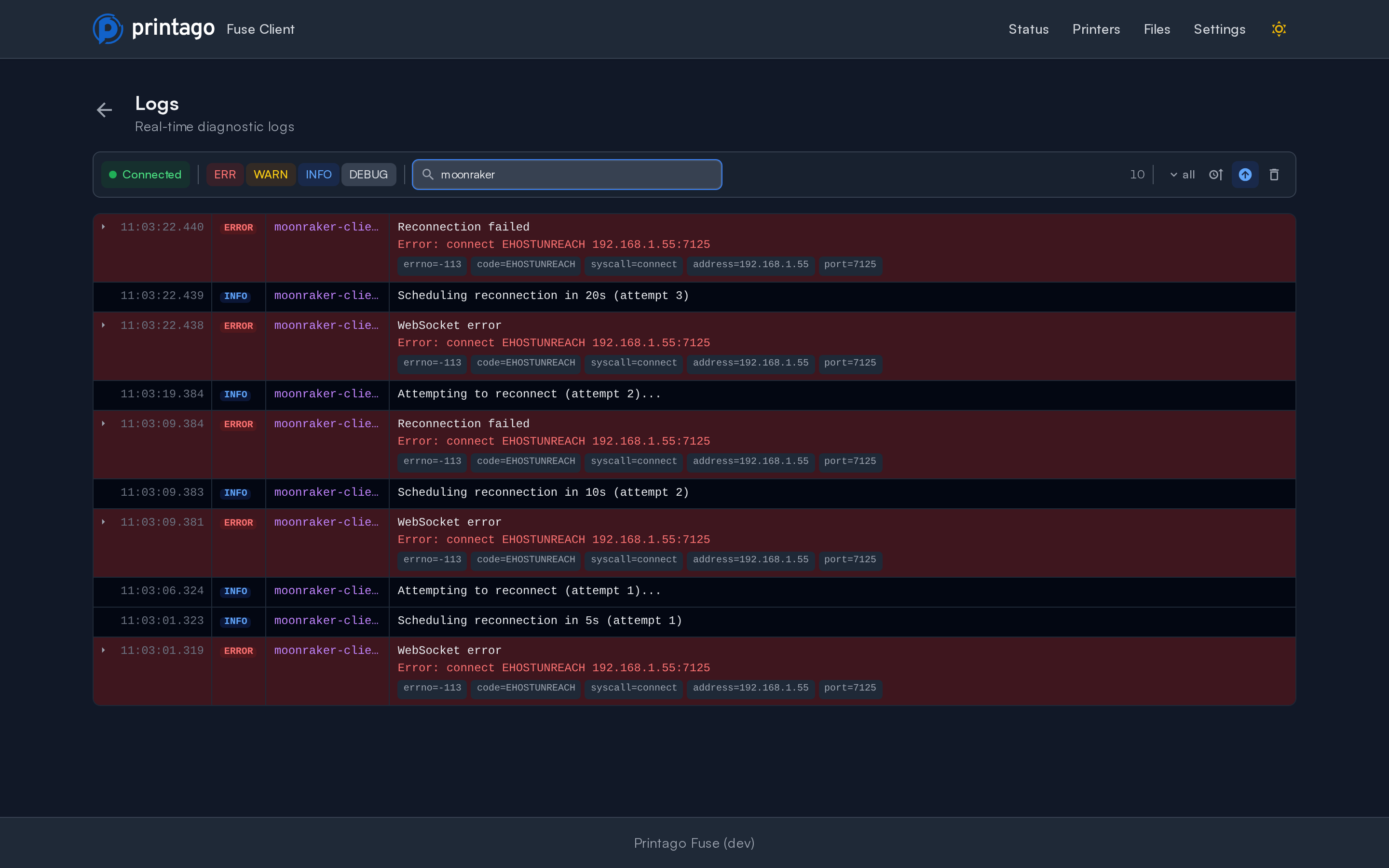 Fuse log viewer showing repeated Moonraker WebSocket failures with the underlying connection error and its errno, code, syscall, address and port