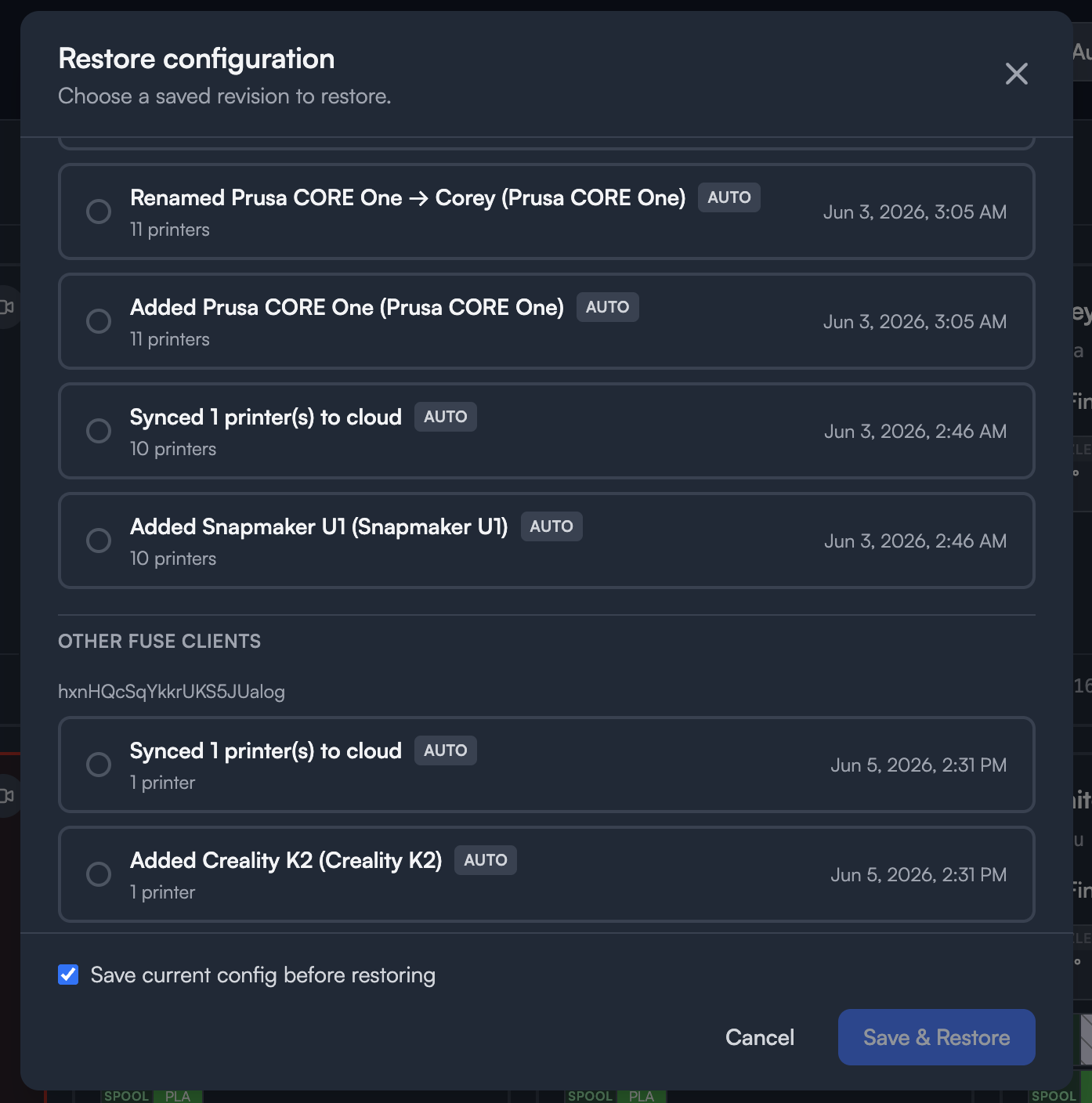 Restore configuration
