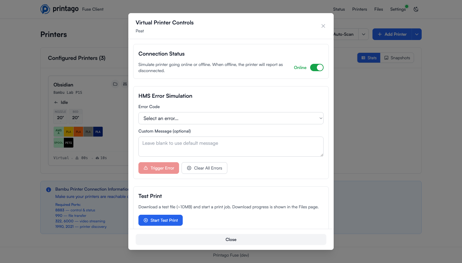 Virtual Printer Controls dialog with Connection Status toggle, HMS Error Simulation, and Test Print sections