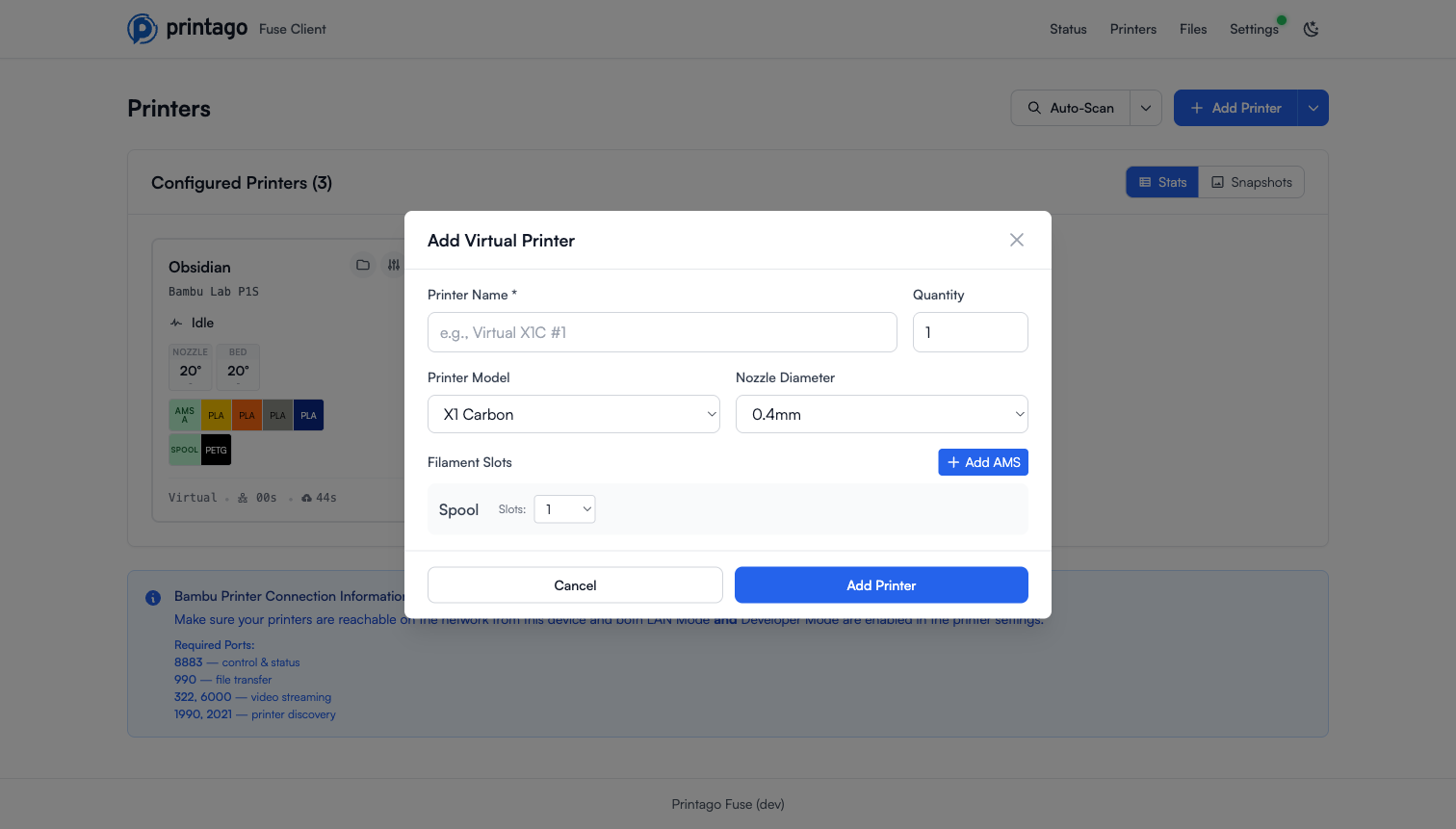 Add Virtual Printer form with name, quantity, model, nozzle diameter, and filament slot options