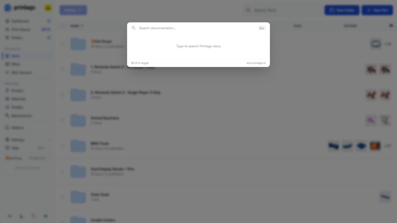 Documentation search dialog opened with Cmd+K