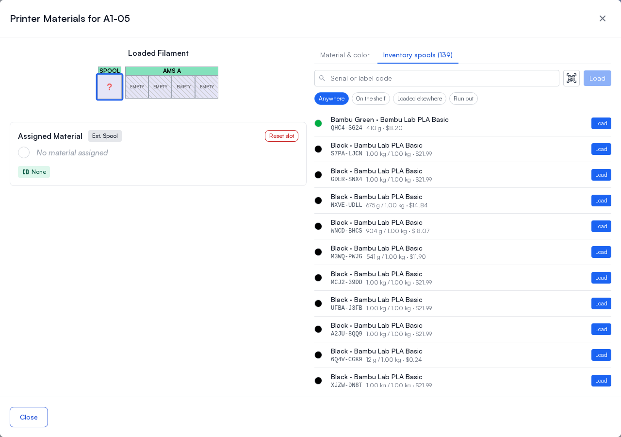 The Inventory spools tab in the Printer Materials dialog: the Serial or label code box with the QR camera button, the Anywhere, On the shelf, Loaded elsewhere and Run out chips, and each roll with its code, what is left, its value and Load