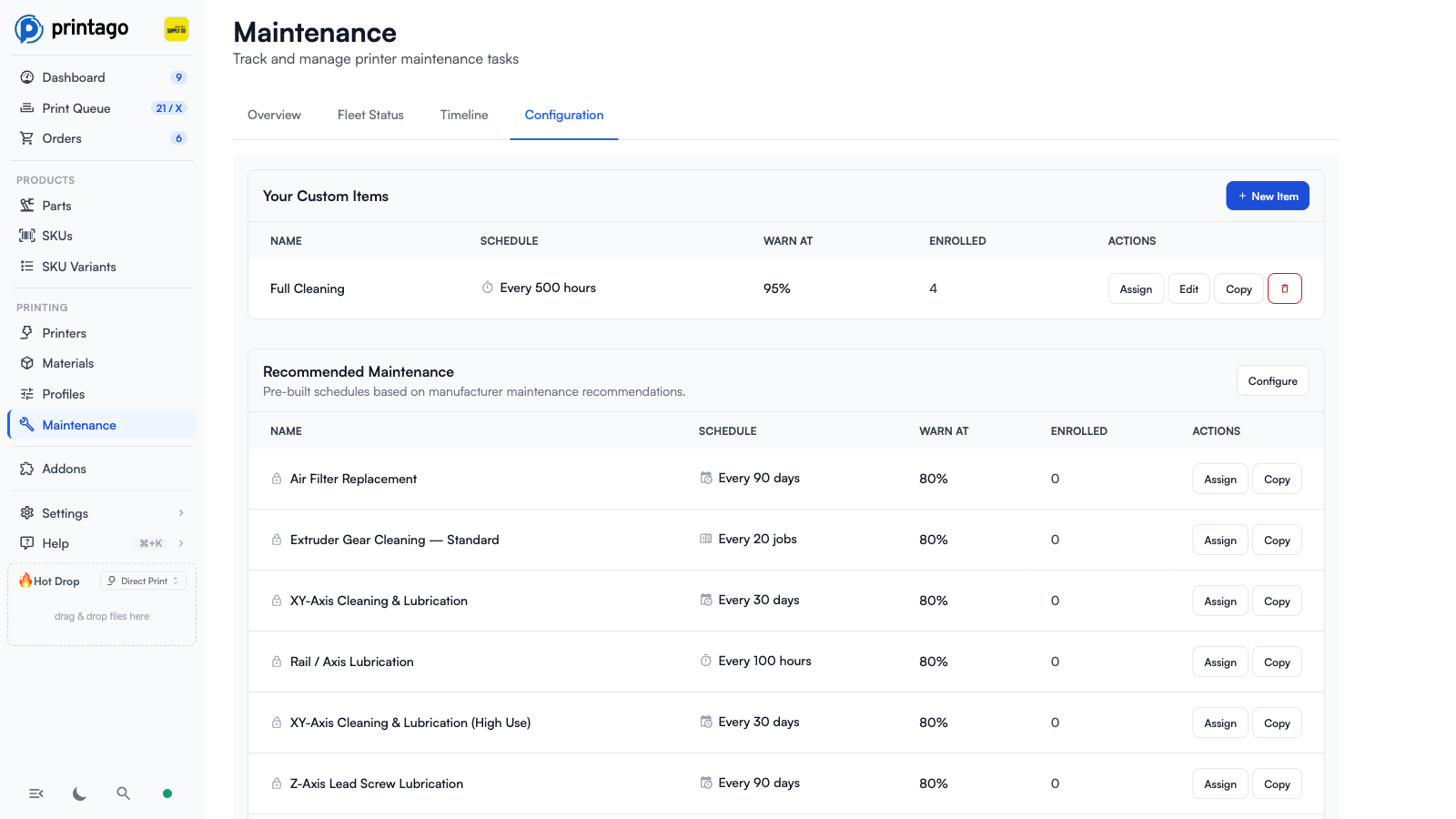 Maintenance Configuration tab with Your Custom Items and Recommended Maintenance tables showing schedules, warn thresholds, and enrollment counts
