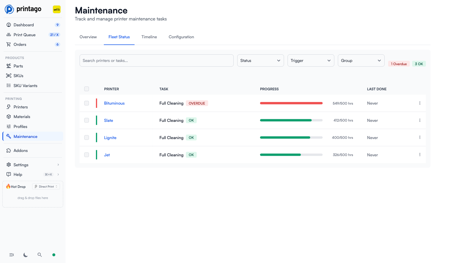 Maintenance Fleet Status tab showing per-printer task rows with progress bars, status badges, and filters