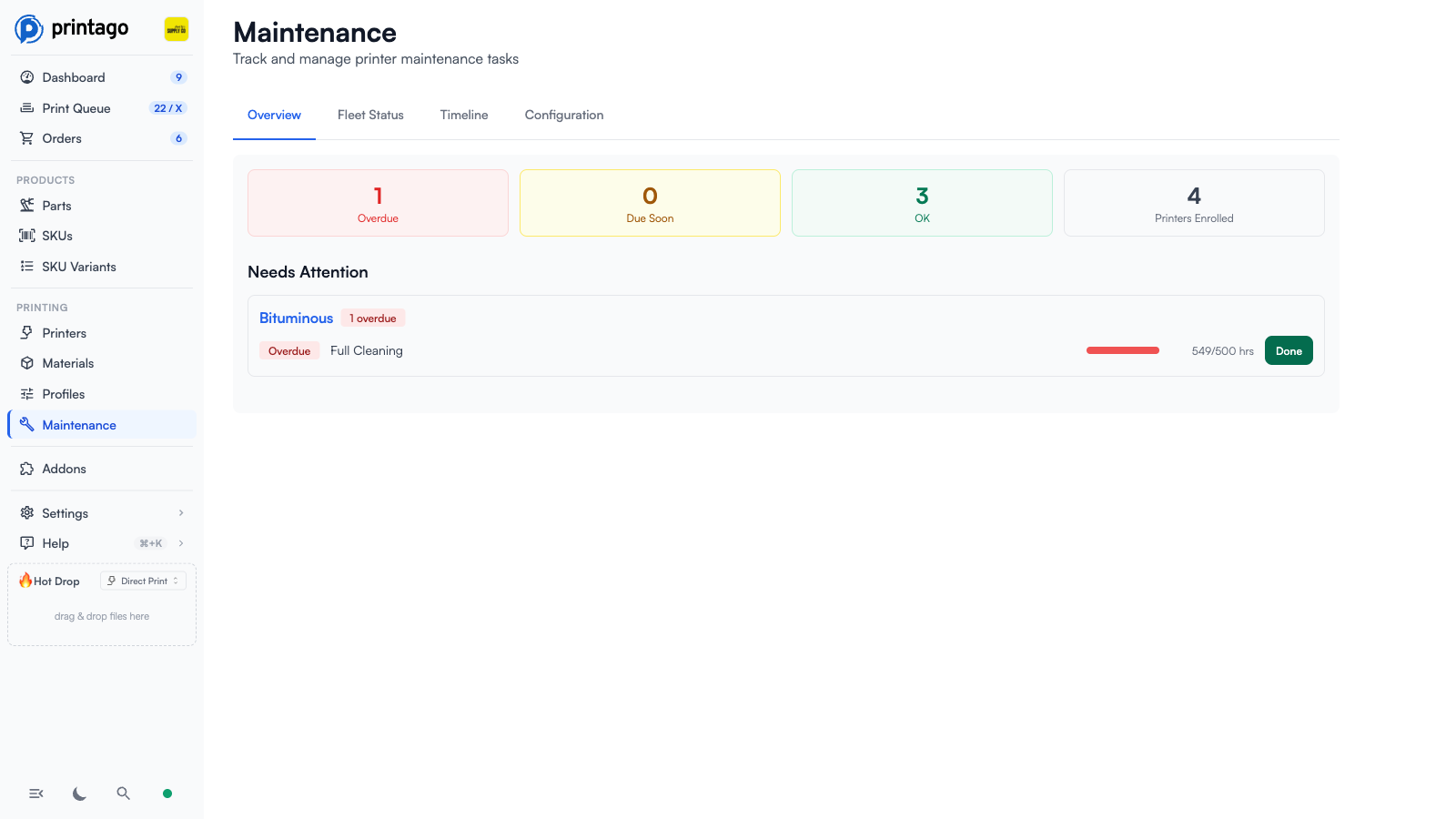 Maintenance Overview tab with Overdue, Due Soon, OK, and Printers Enrolled summary cards and a Needs Attention list