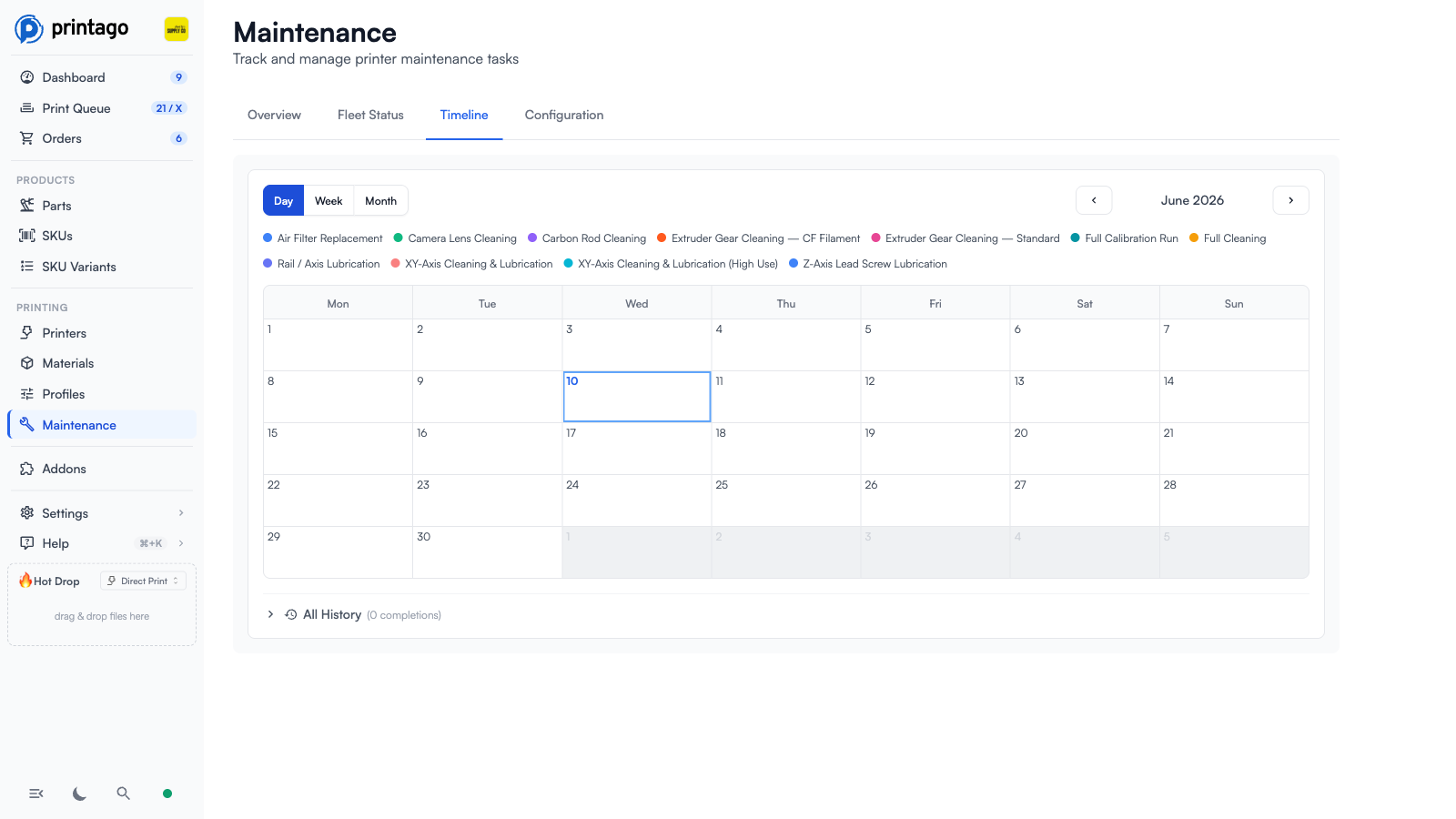 Maintenance Timeline tab showing the monthly calendar with a color-coded task legend and All History section