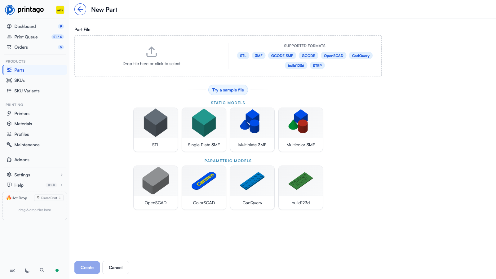 New Part page with the file drop zone, supported formats, and sample files