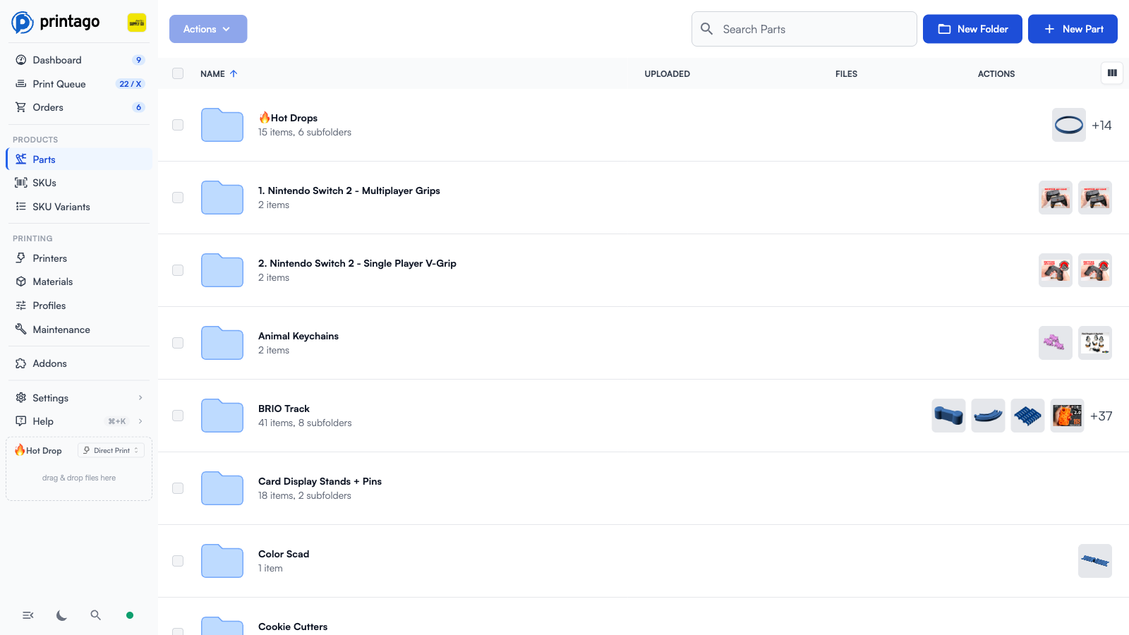 Parts page showing the folder tree with item counts and thumbnails, search, and the New Folder and New Part buttons