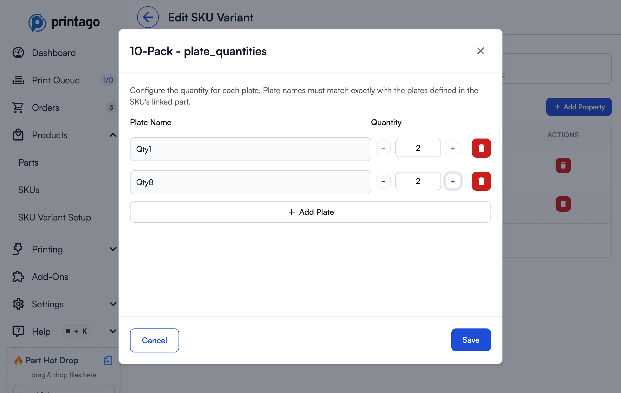 Plate quantities configuration for 10-Pack