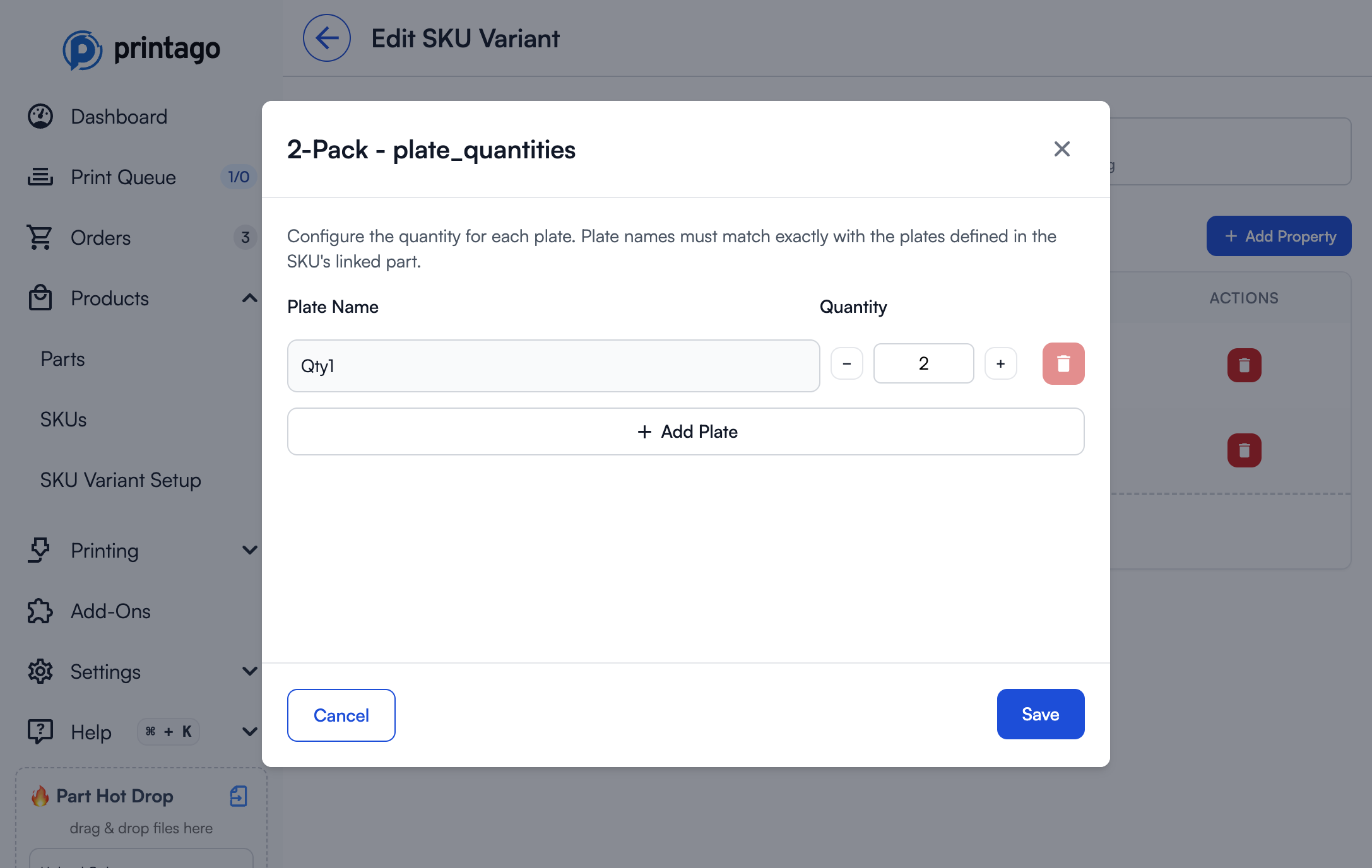 Plate quantities configuration for 2-Pack