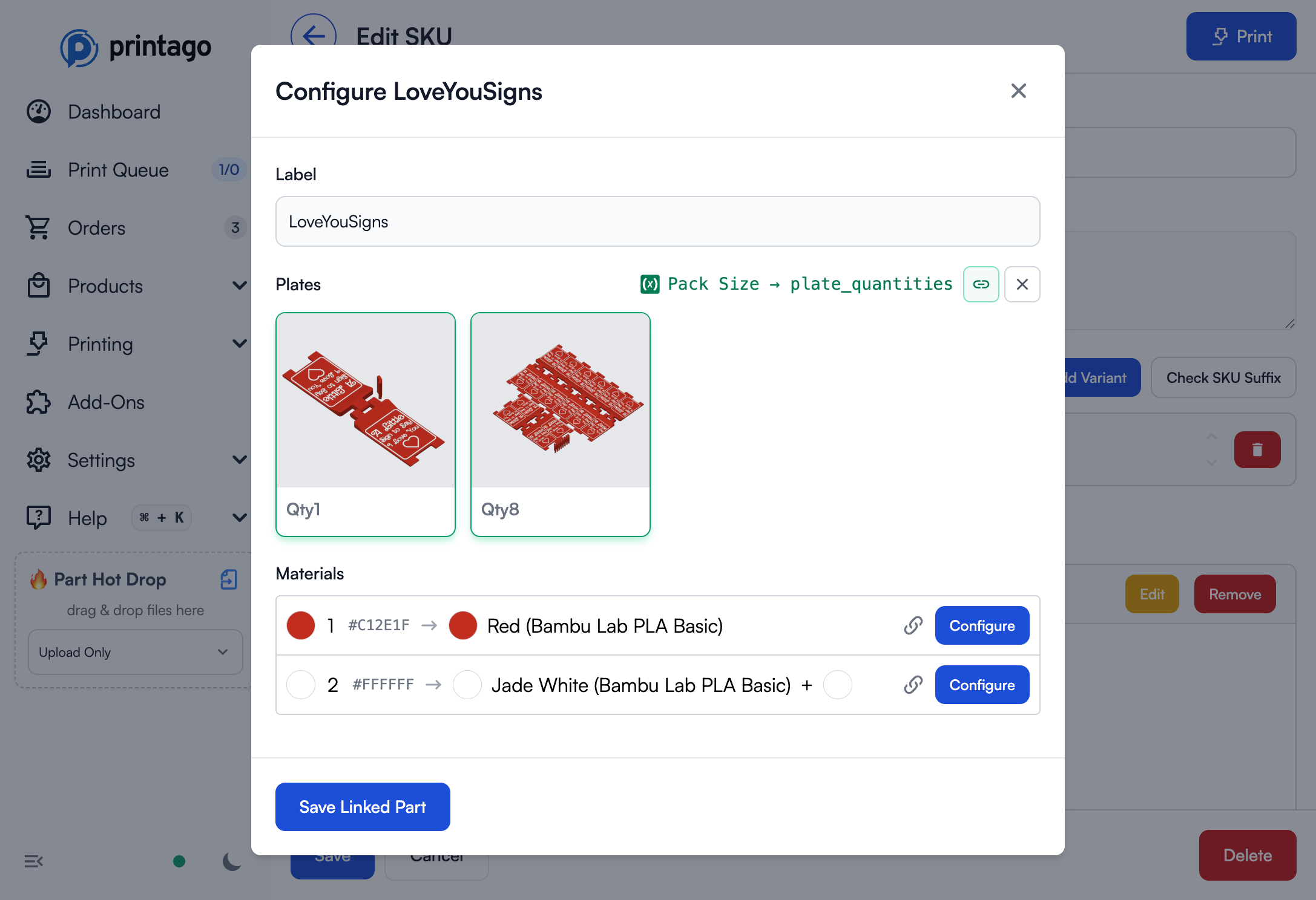 Part with plate quantities mapped to variant