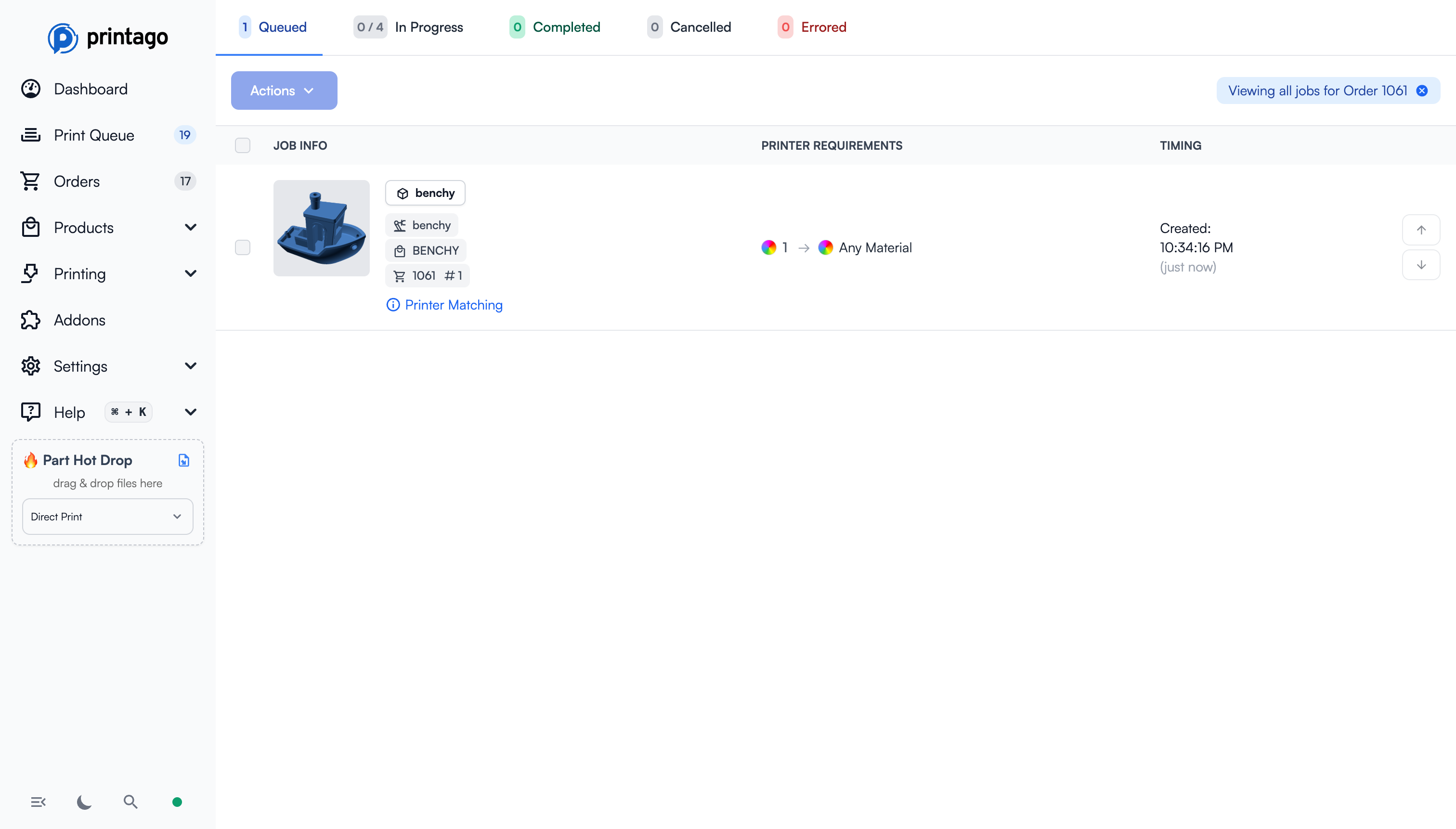 Printago queue filtered to a specific order