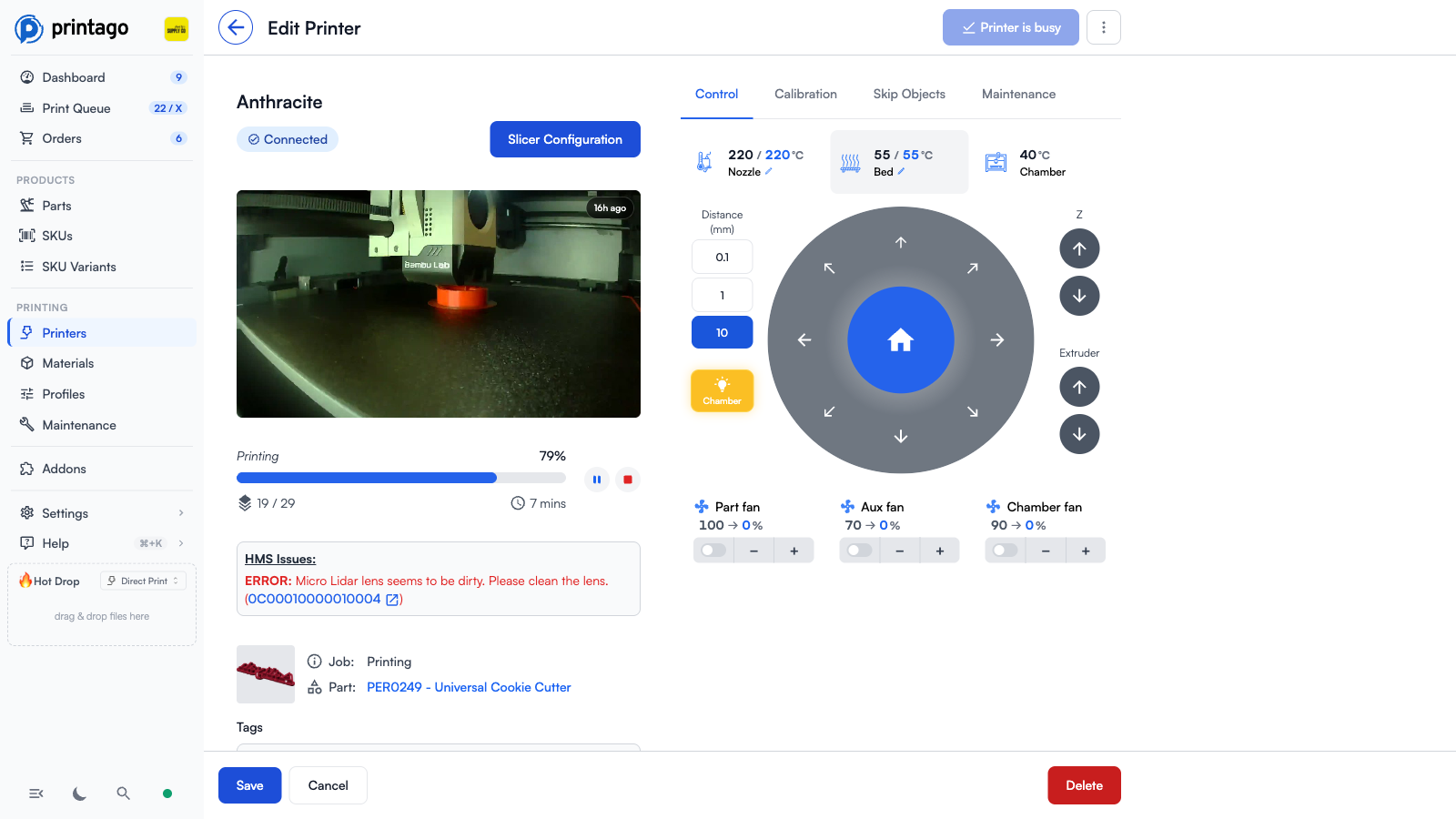 Control tab on a printing X1 Carbon showing live camera, progress, HMS issue, movement pad, temperatures, and fans