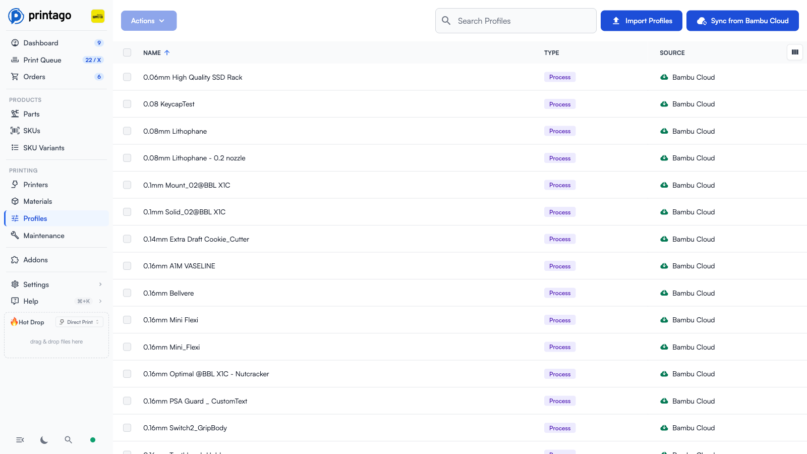 Profiles page listing profiles with type badges and source, plus Import Profiles and Sync from Bambu Cloud buttons