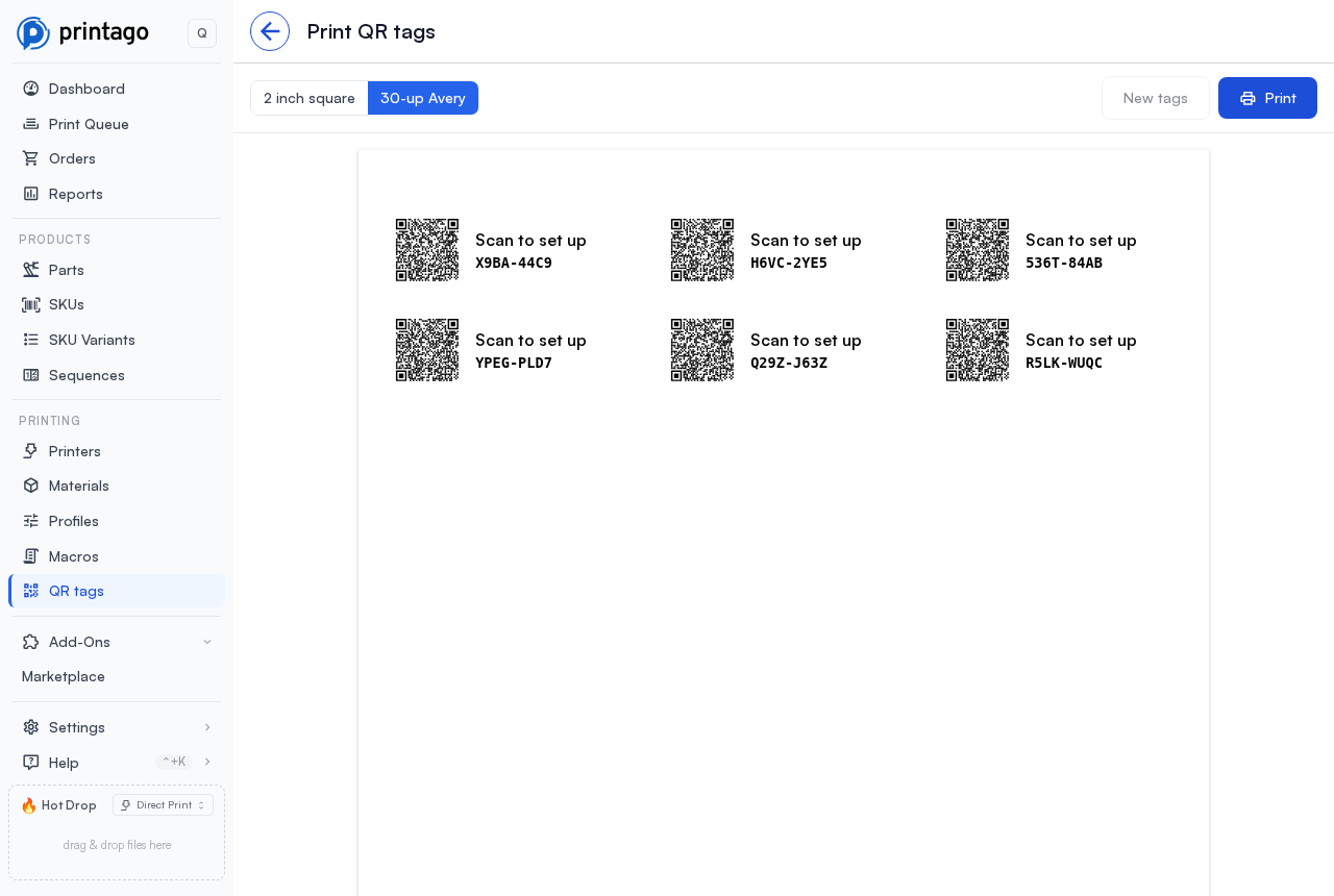 A sheet of blank tags on the 30-up Avery template