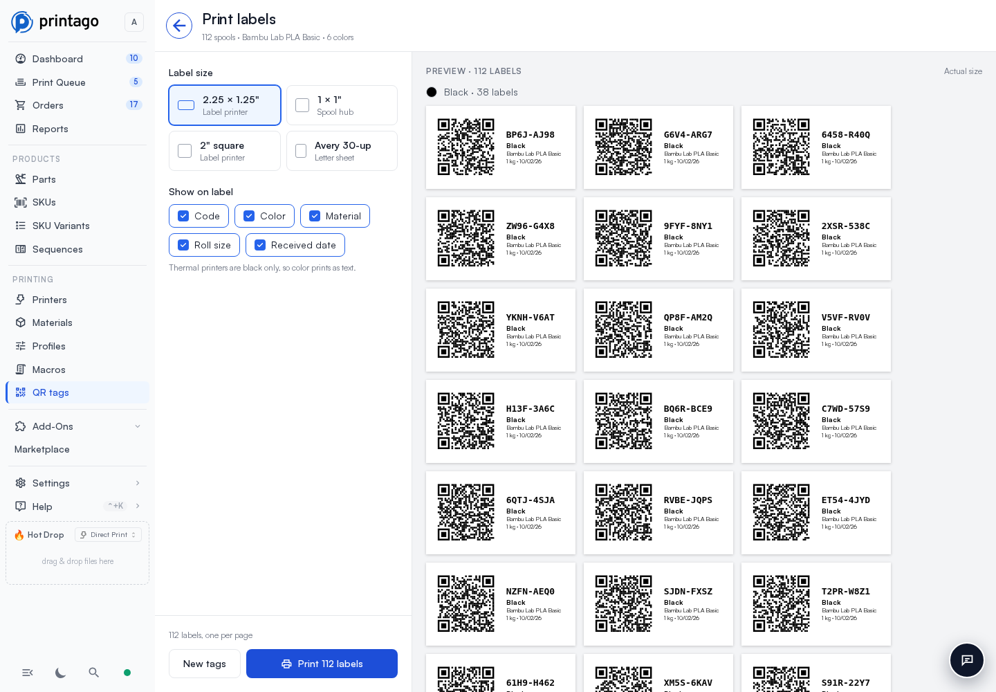 The Print labels page with 2.25 × 1.25" chosen, the Show on label fields, and 112 spool labels grouped by color