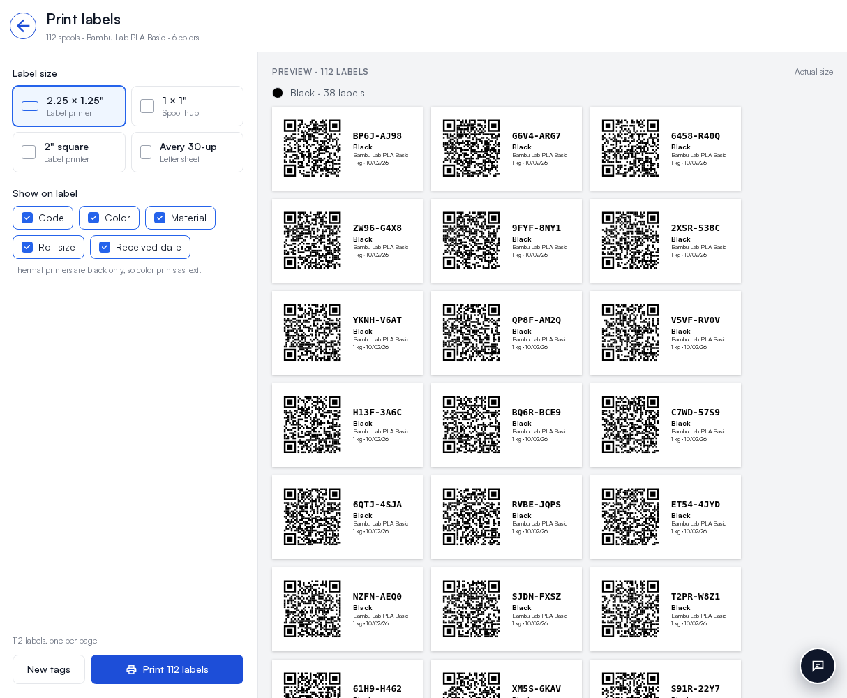 The Print labels page with 2.25 × 1.25" chosen, the Show on label fields, and 112 spool labels grouped by color