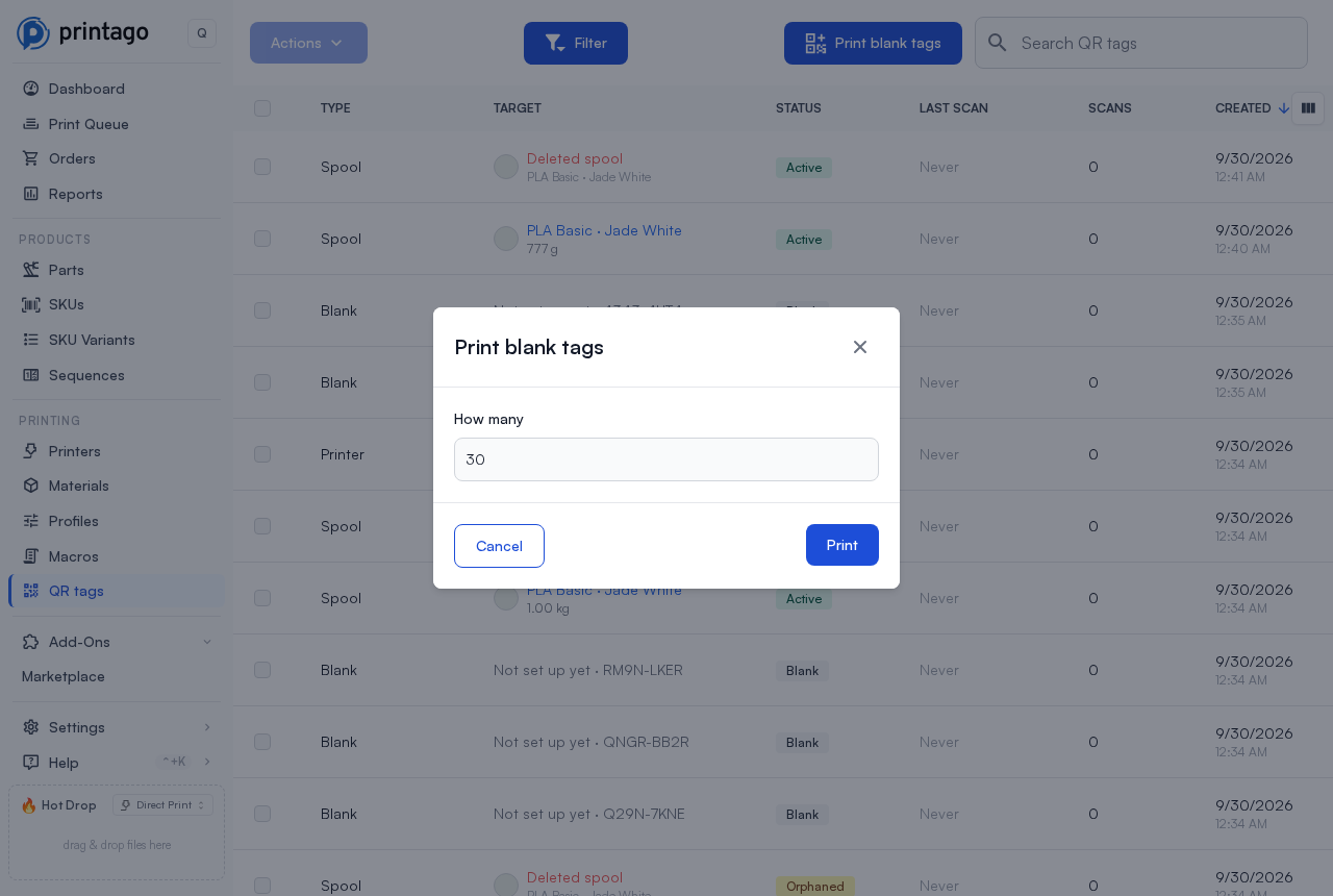 Print blank tags on the QR tags page