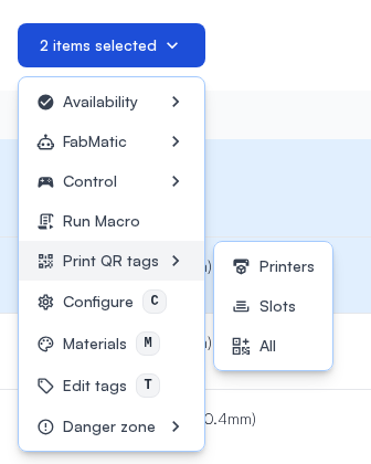 Print QR tags in the printers list's actions menu: Printers, Slots and All