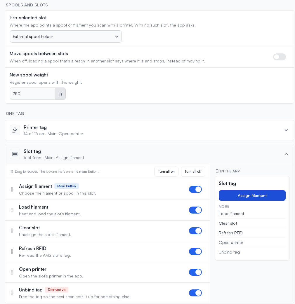 QR Workflows settings with the slot tag's actions and what the app shows for them