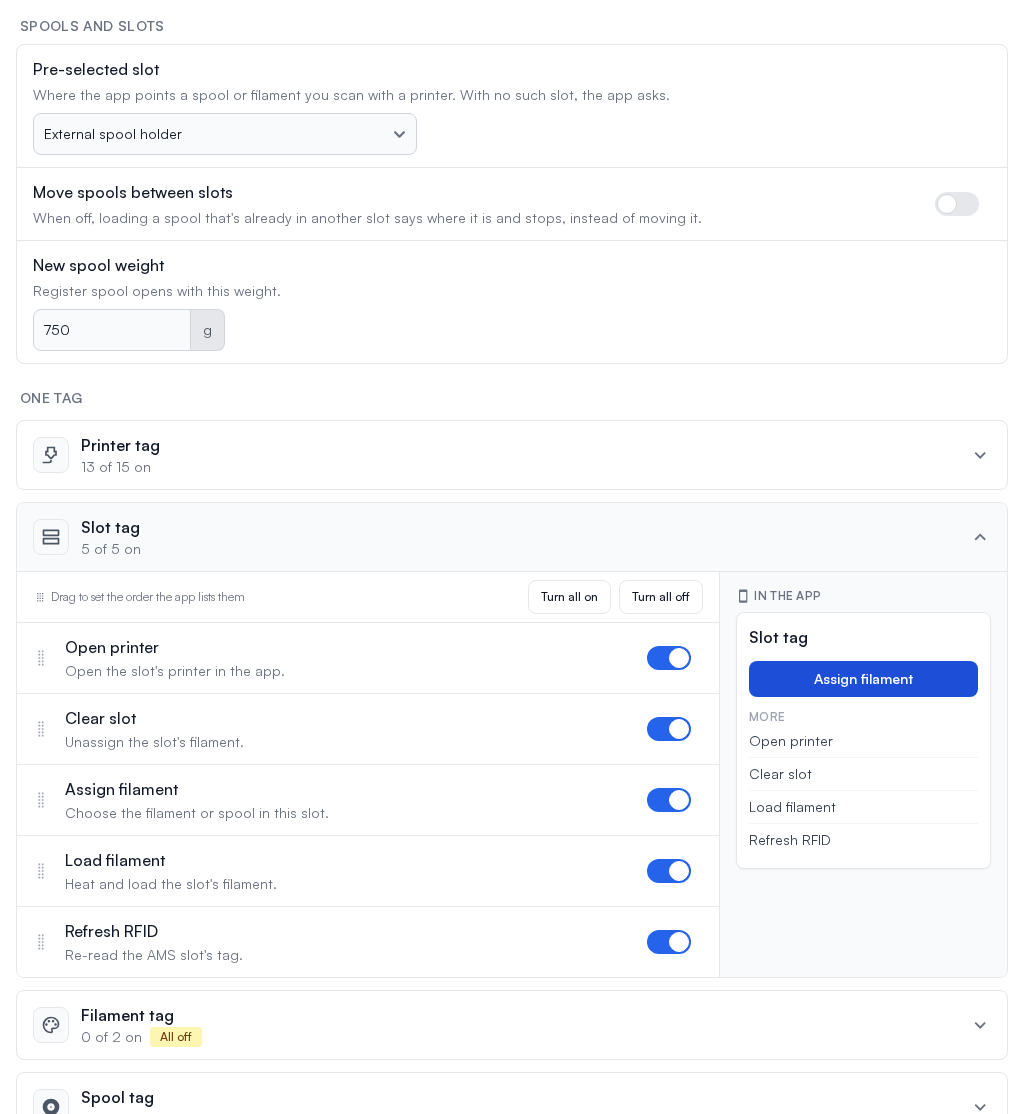 QR Workflows settings with the slot tag's actions and what the app shows for them