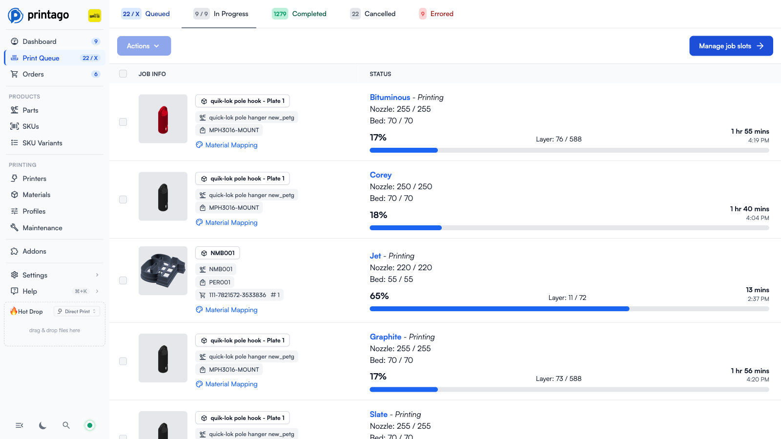 Print Queue In Progress tab showing jobs with printer names, live temperatures, progress, layer counts, and time remaining
