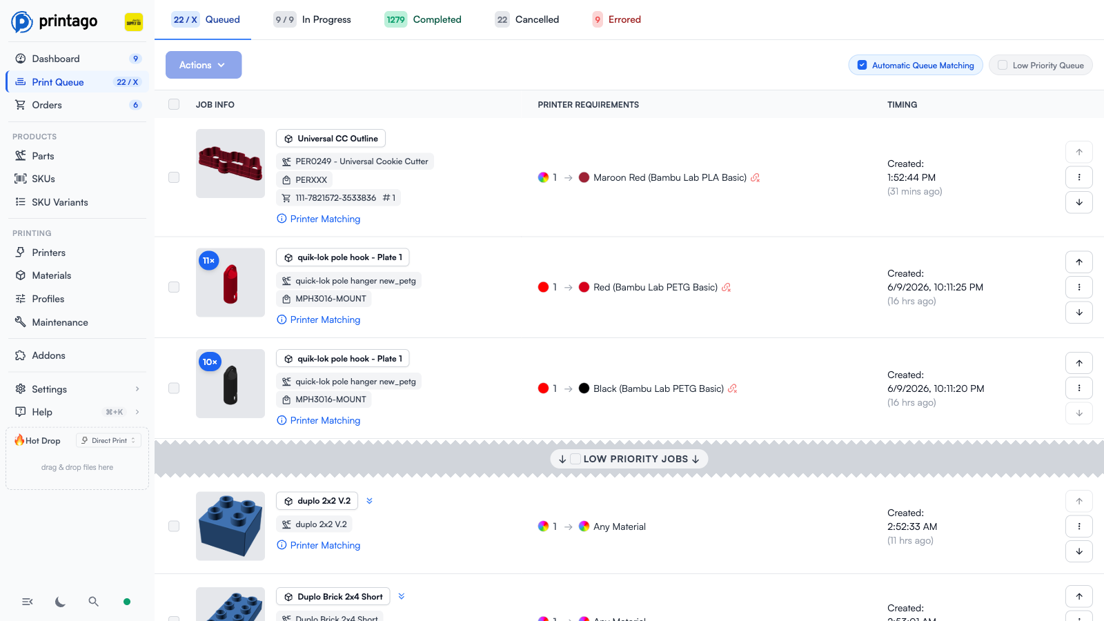 Print Queue Queued tab showing grouped jobs with material requirements, the Automatic Queue Matching and Low Priority Queue toggles, and the Low Priority Jobs divider