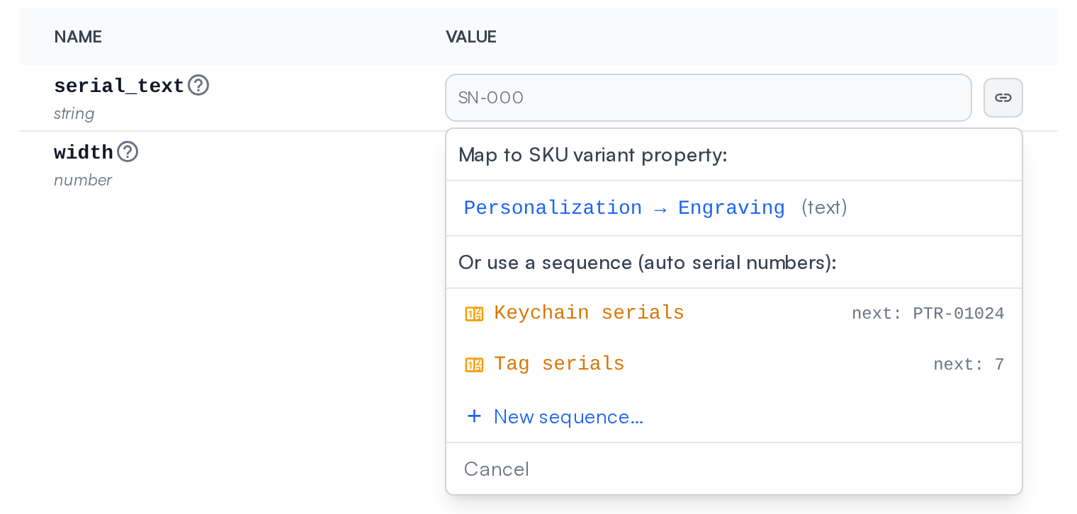 The parameter link dropdown offering sequences for a text parameter, each with its next serial