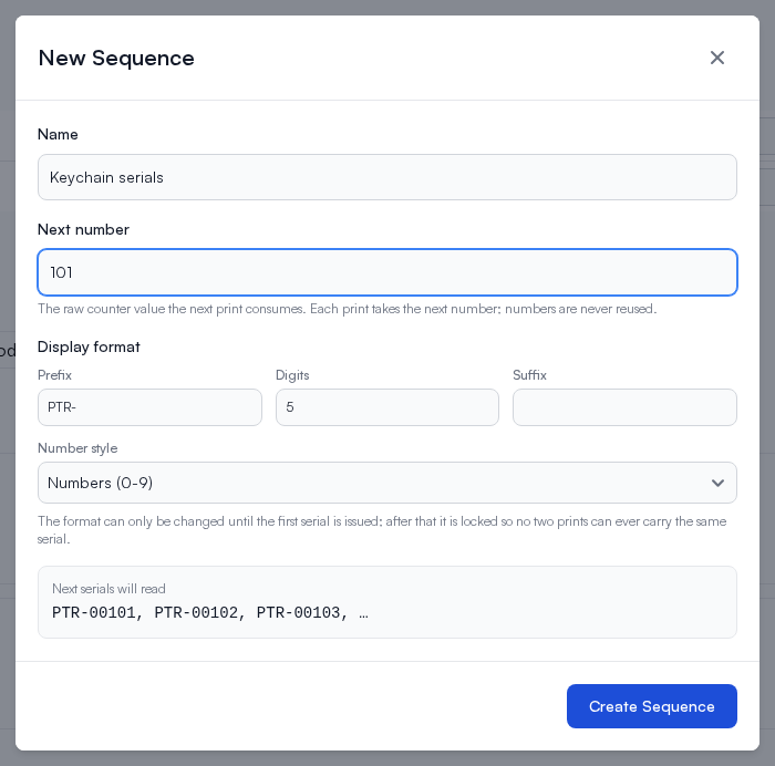The sequence dialog with name, next number, and display format fields