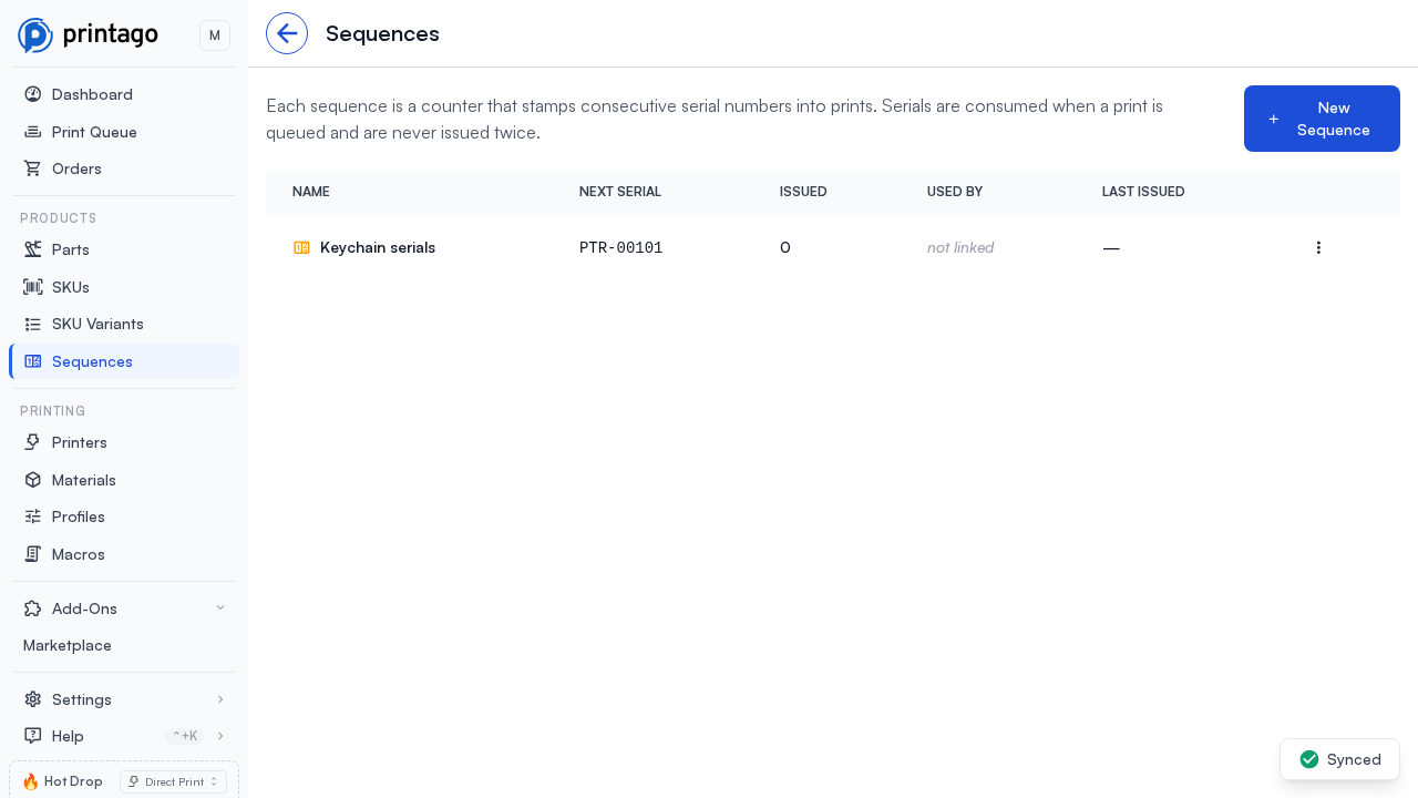 Sequences page listing a sequence with its next serial, issued count, and linked SKUs