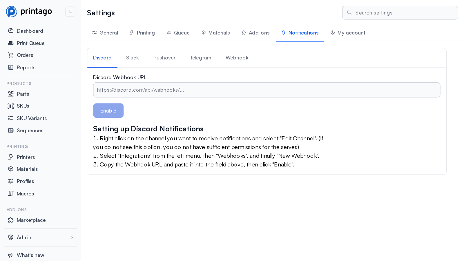 The Notifications tab of Settings with Discord, Slack, Pushover, Telegram, and Webhook tabs